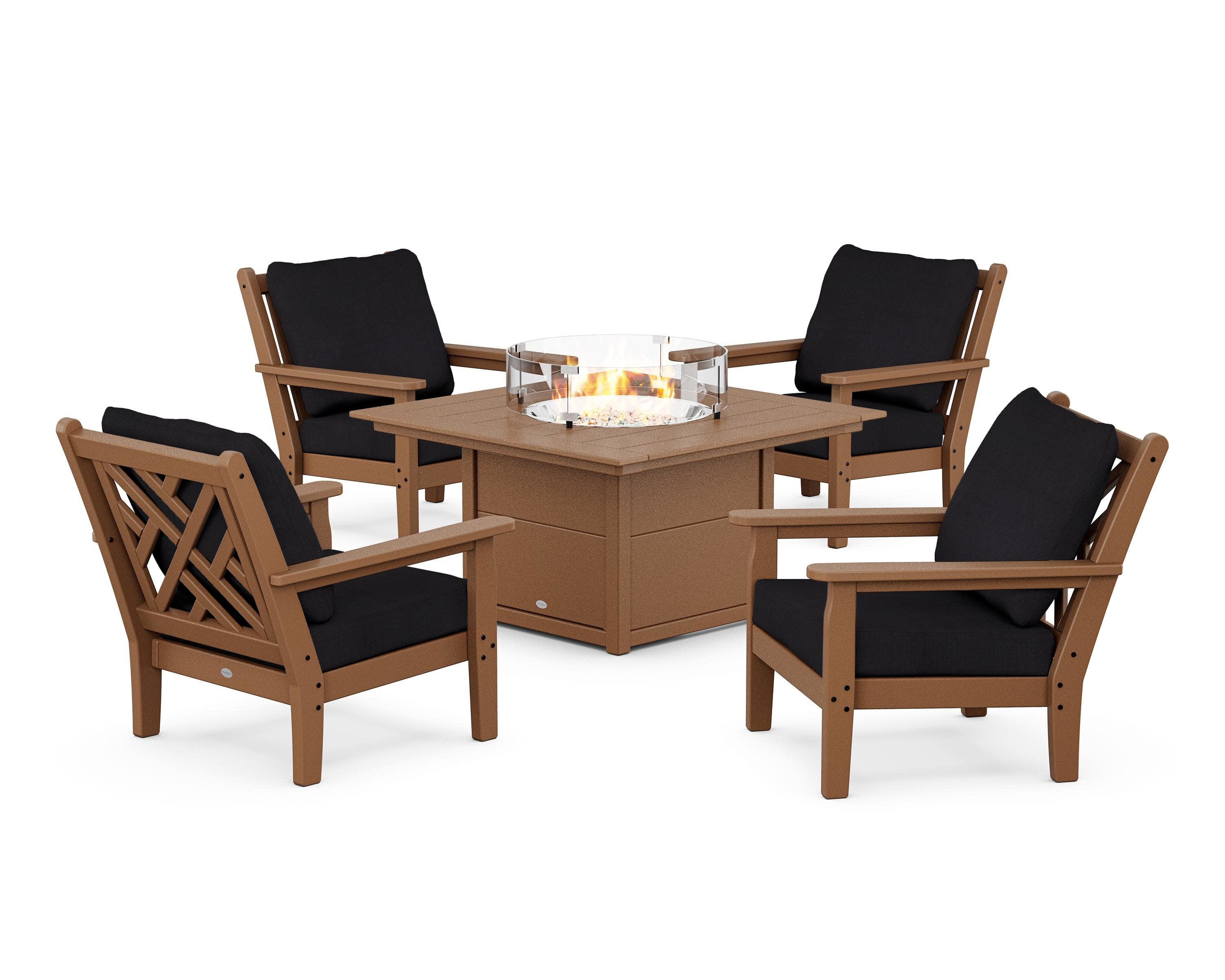 Chippendale 5-Piece Deep Seating Set with Fire Pit Table in Teak / Midnight Linen