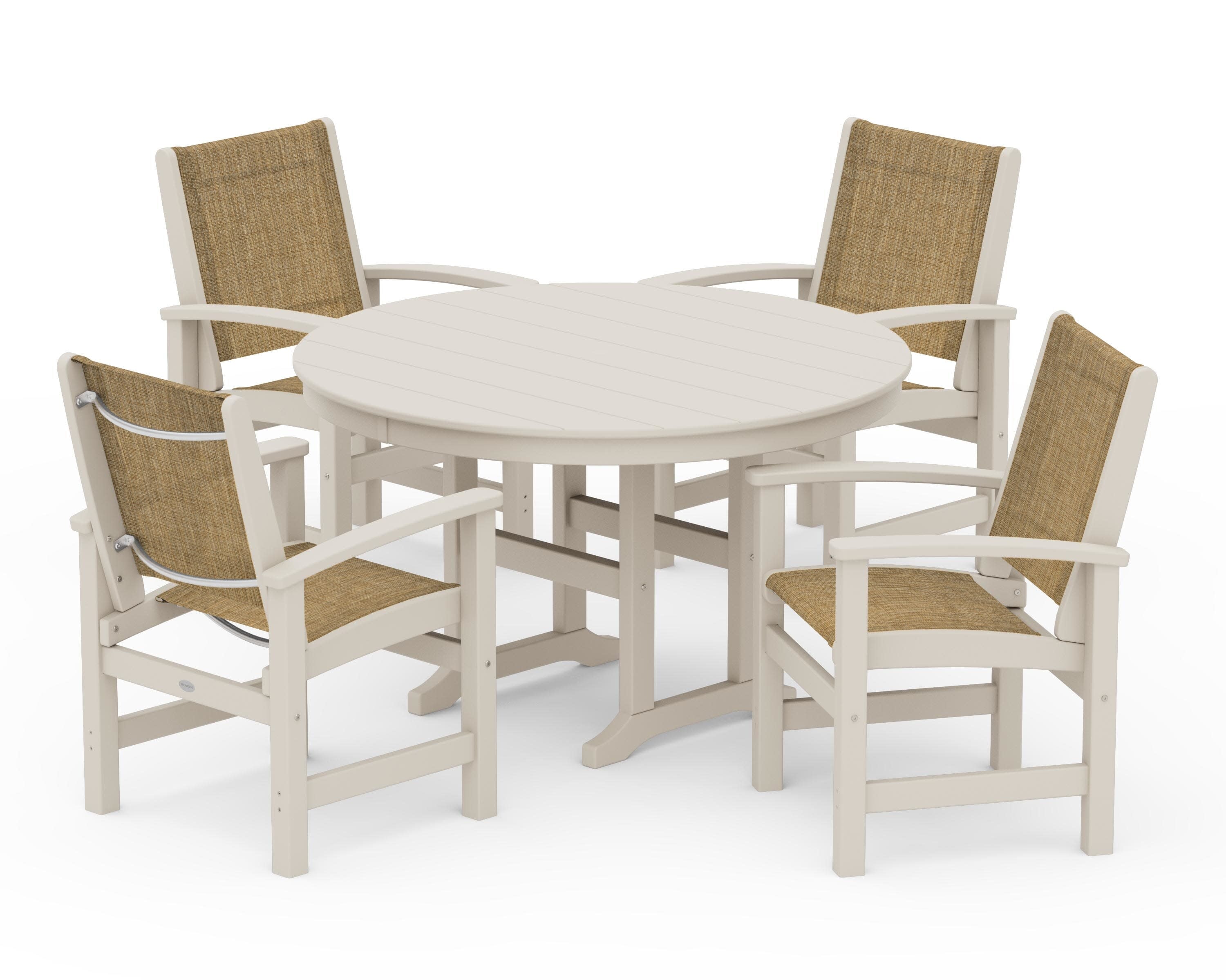 Coastal 5-Piece Round Farmhouse Dining Set in Sand / Burlap Sling