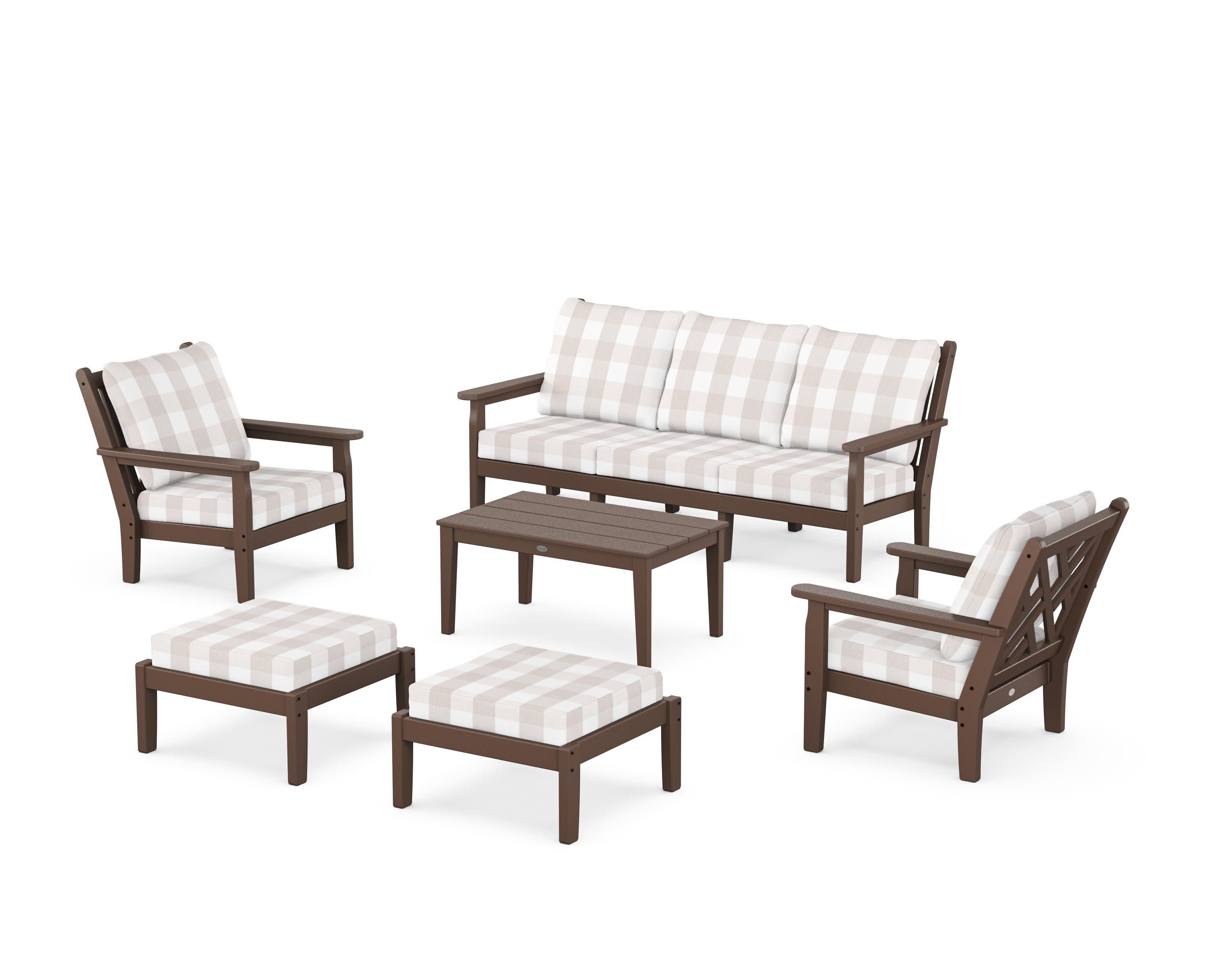 Chippendale 6-Piece Lounge Sofa Set in Mahogany / Buffalo Plaid Dune Burlap