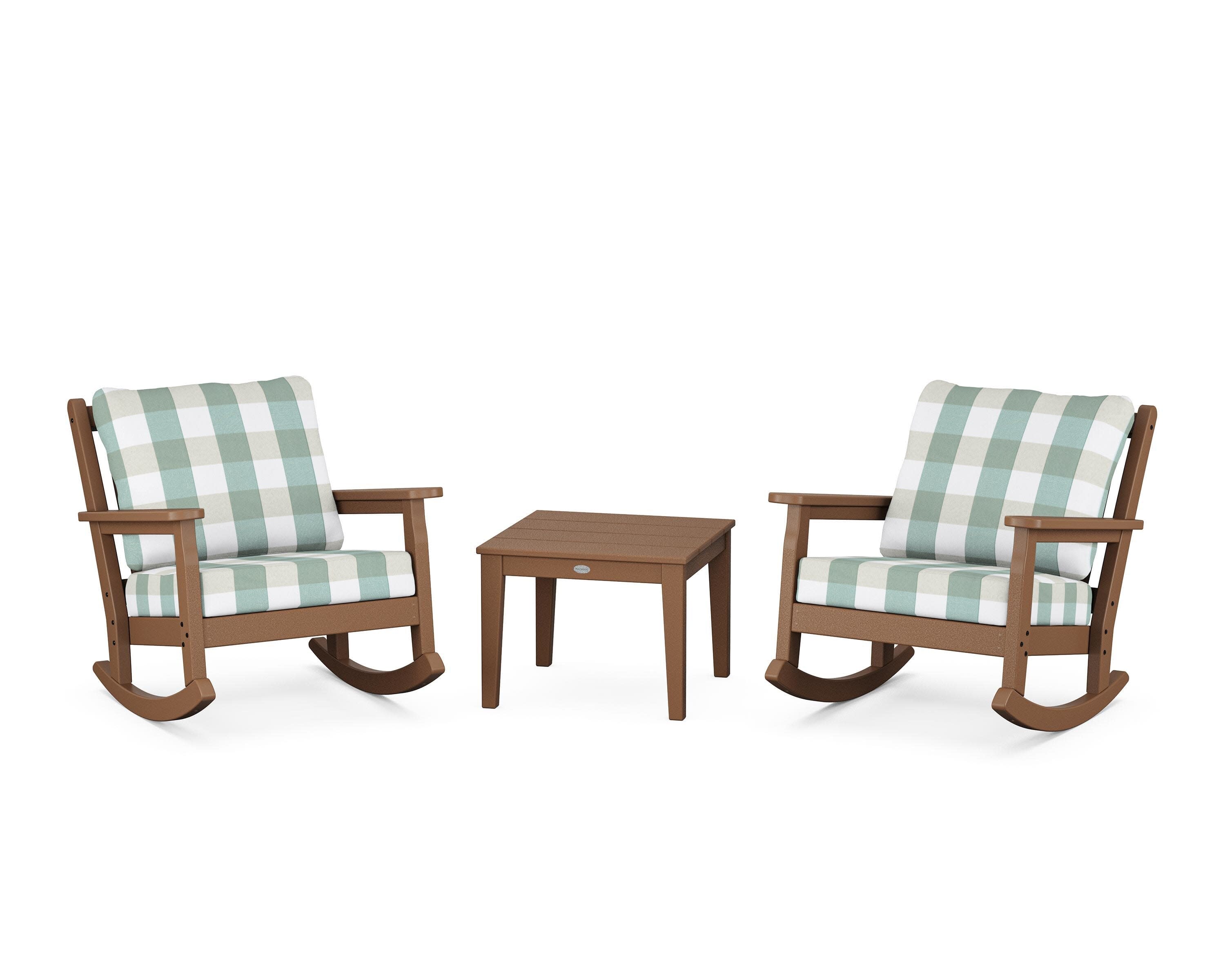 Chippendale 3-Piece Deep Seating Rocker Set in Teak / Buffalo Plaid Glacier Spa