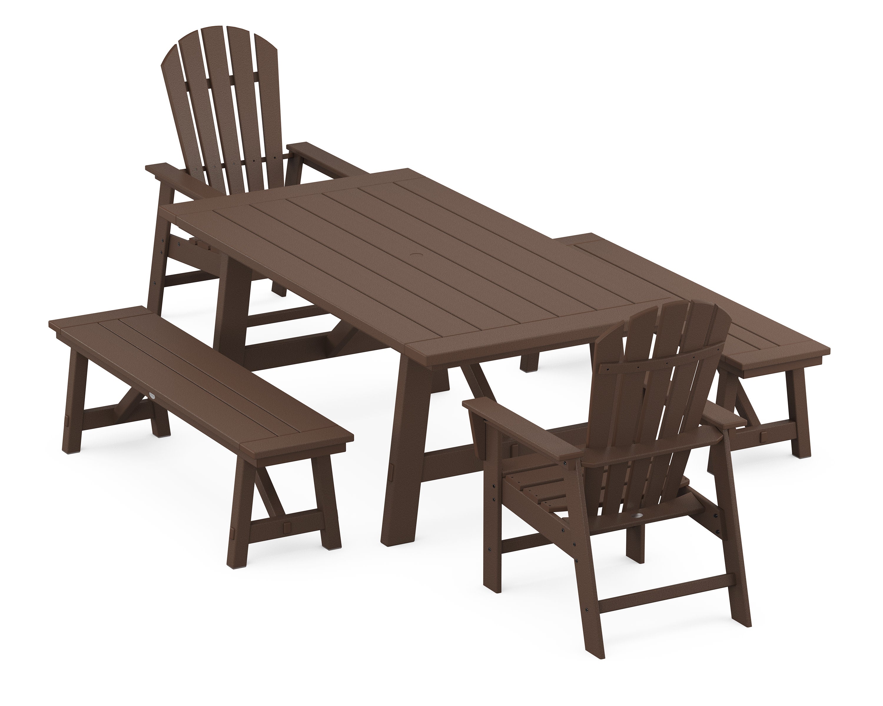 South Beach 5-Piece Rustic Farmhouse Dining Set With Benches in Mahogany