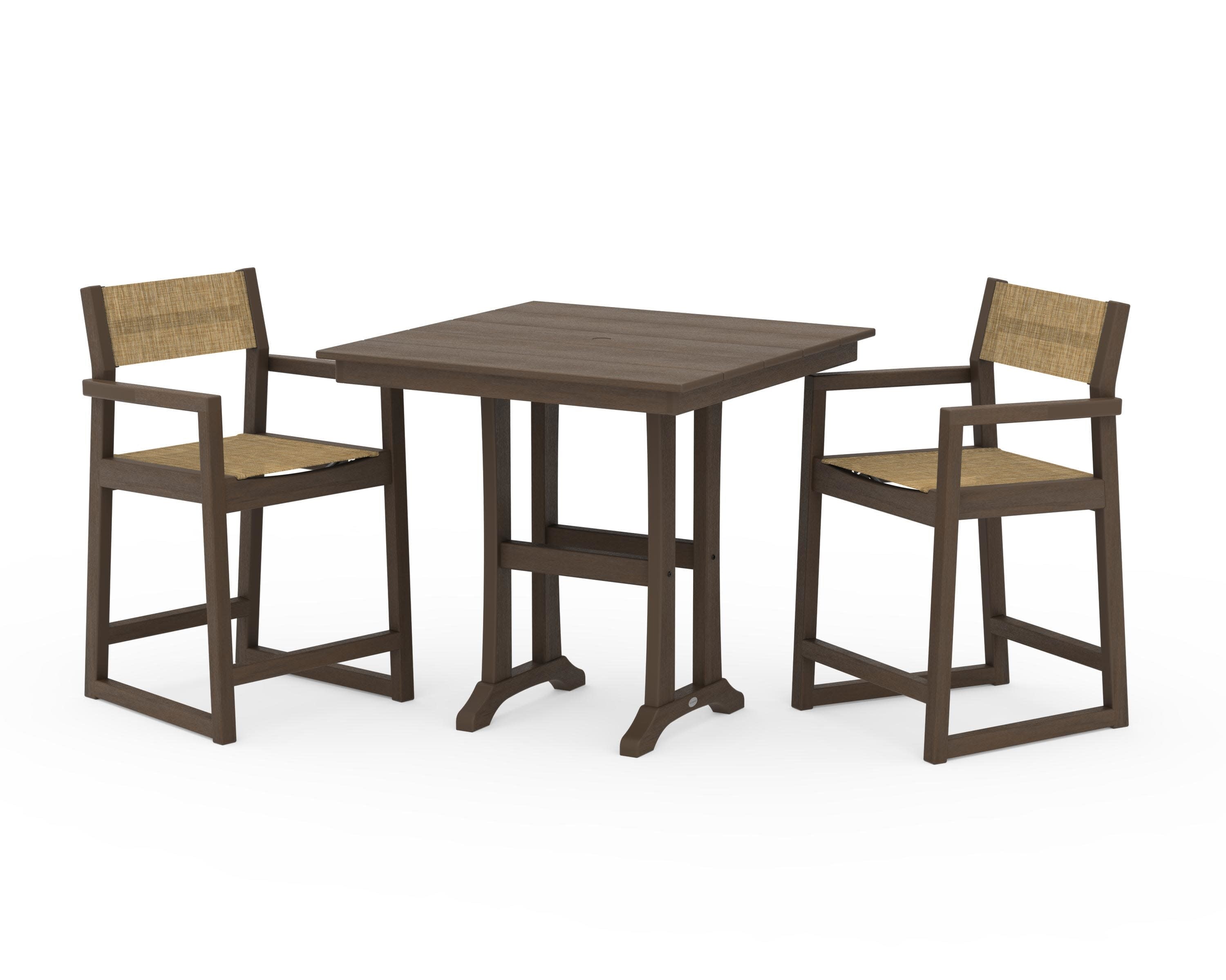 EDGE Sling Arm Chair 3-Piece Farmhouse Counter Set with Trestle Legs in Kona / Burlap Sling