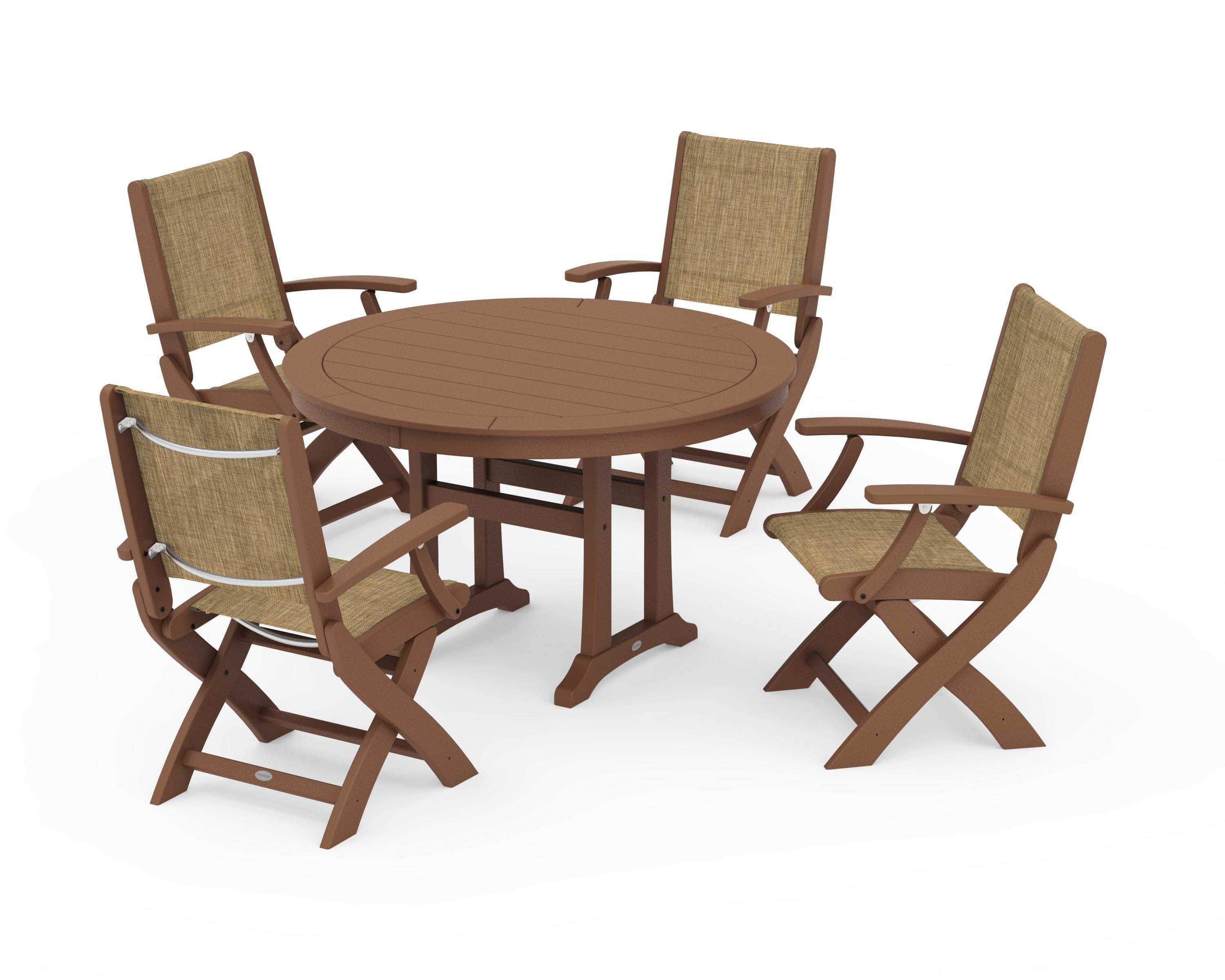Coastal Folding Chair 5-Piece Round Dining Set with Trestle Legs in Teak / Burlap Sling