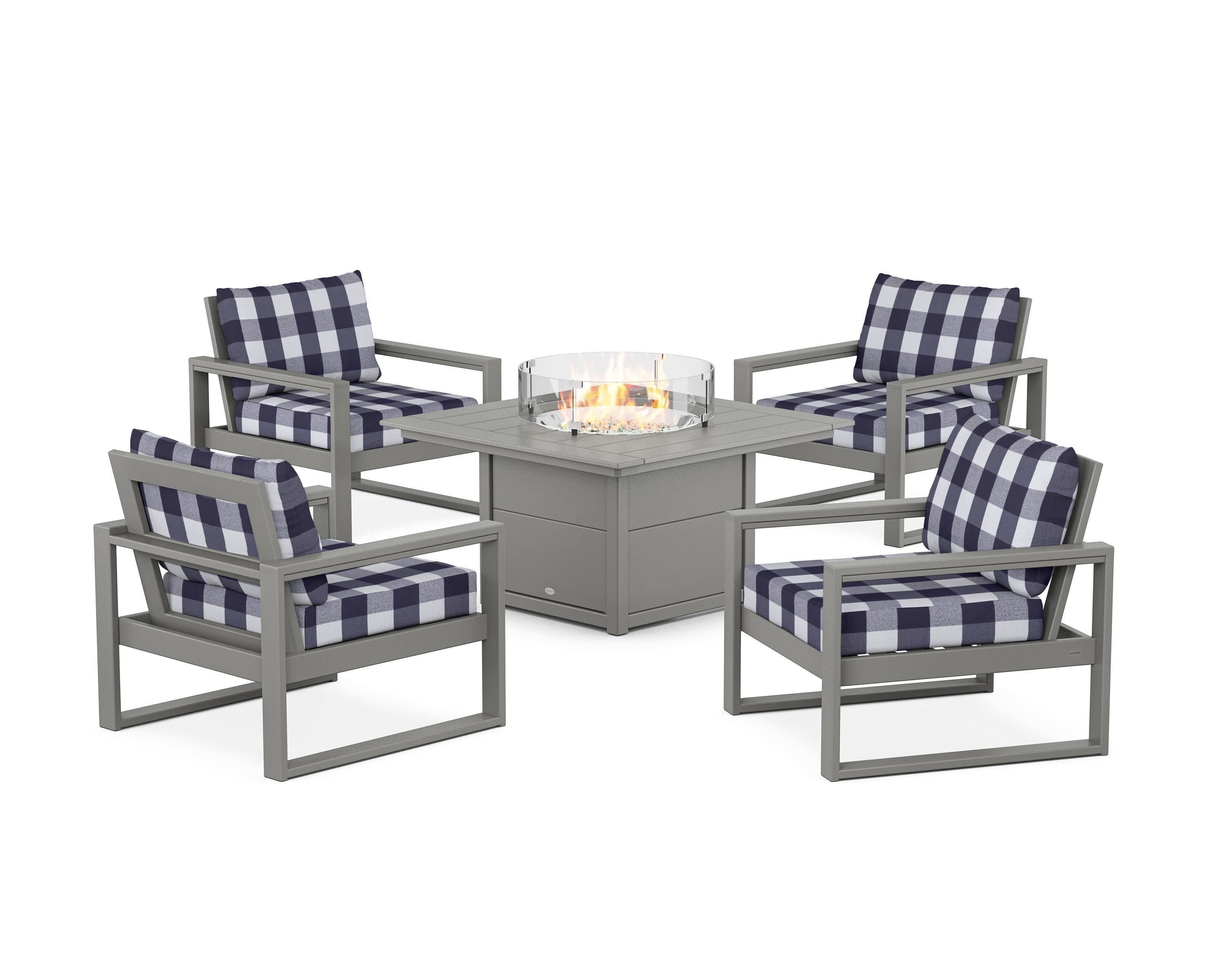 EDGE Sectional 5-Piece Deep Seating Set with Fire Pit Table in Slate Grey / Buffalo Plaid Navy