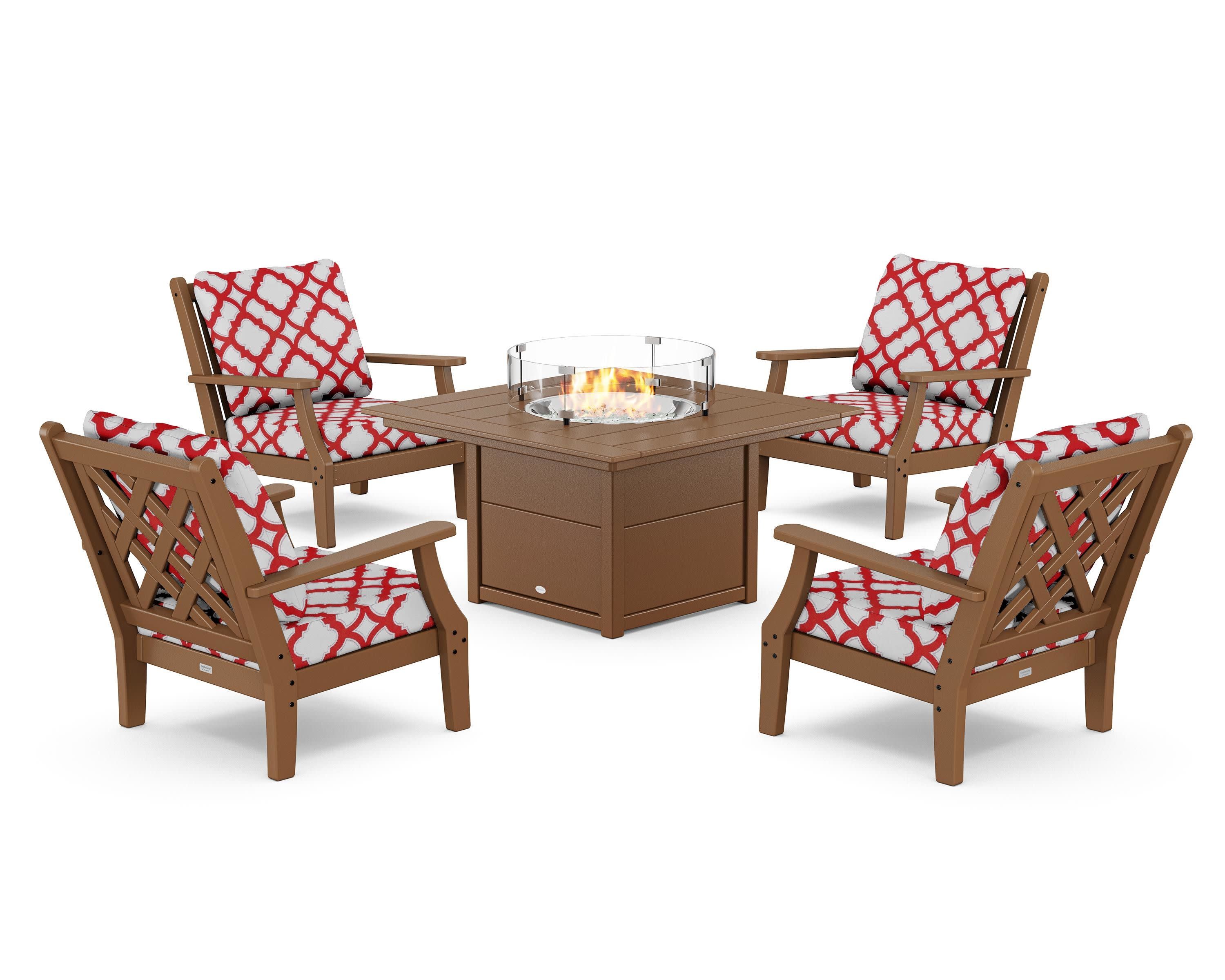Wovendale 5-Piece Deep Seating Set with Fire Pit Table in Teak / Trellis Crimson