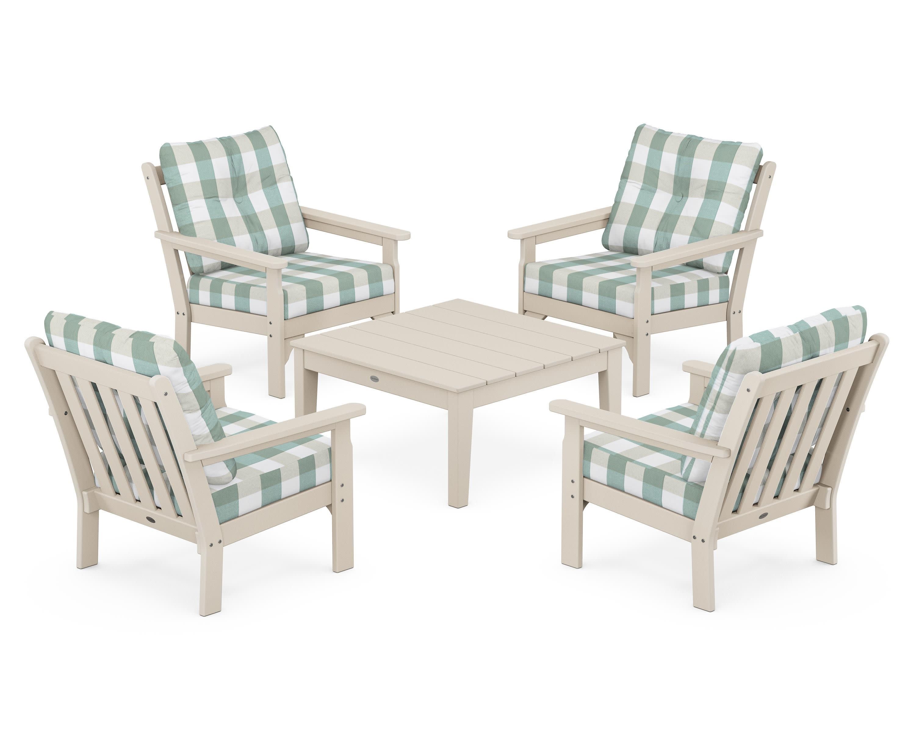 Vineyard 5-Piece Deep Seating Conversation Set in Sand / Buffalo Plaid Glacier Spa