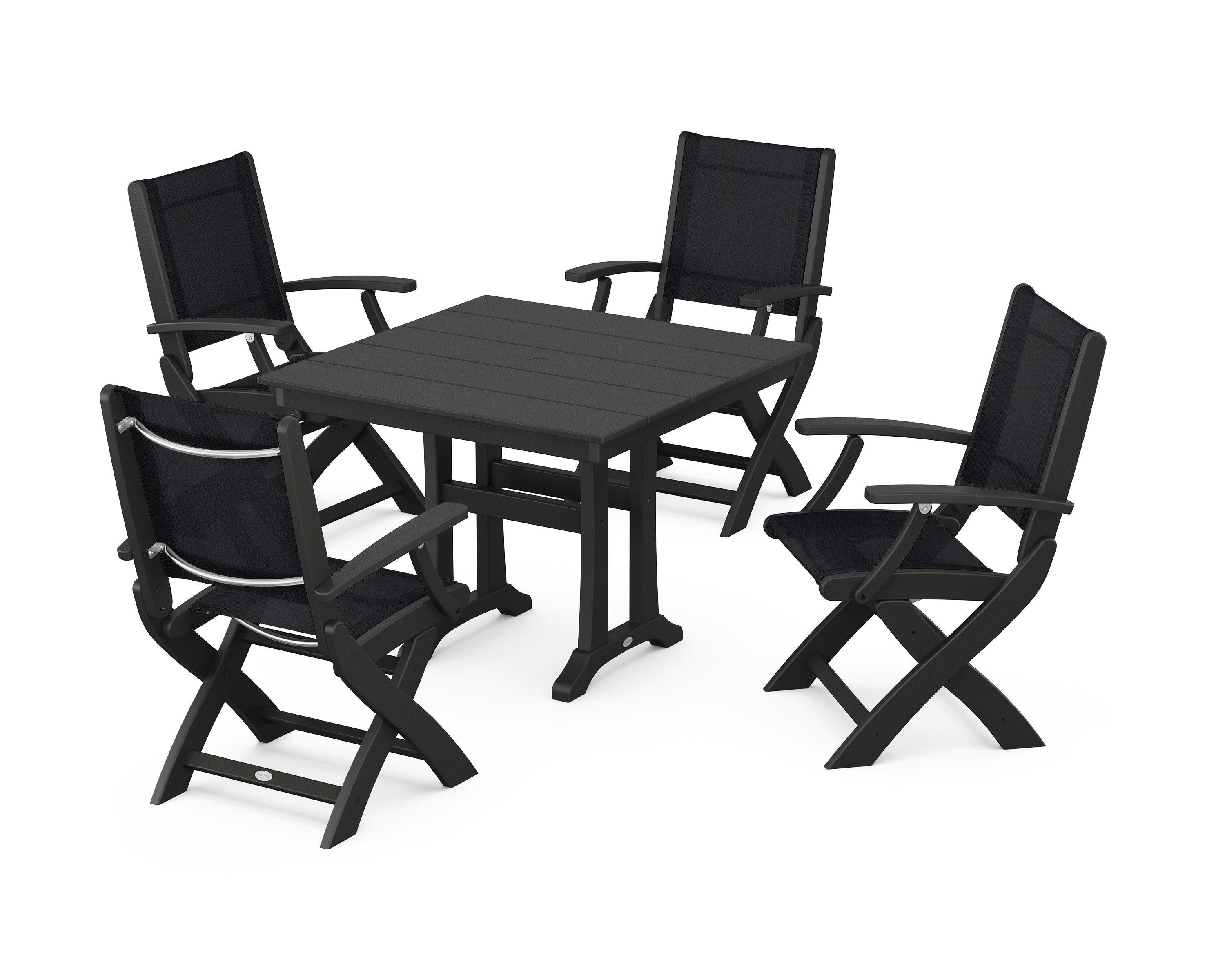 Coastal Folding Chair 5-Piece Farmhouse Dining Set With Trestle Legs in Black / Black Sling