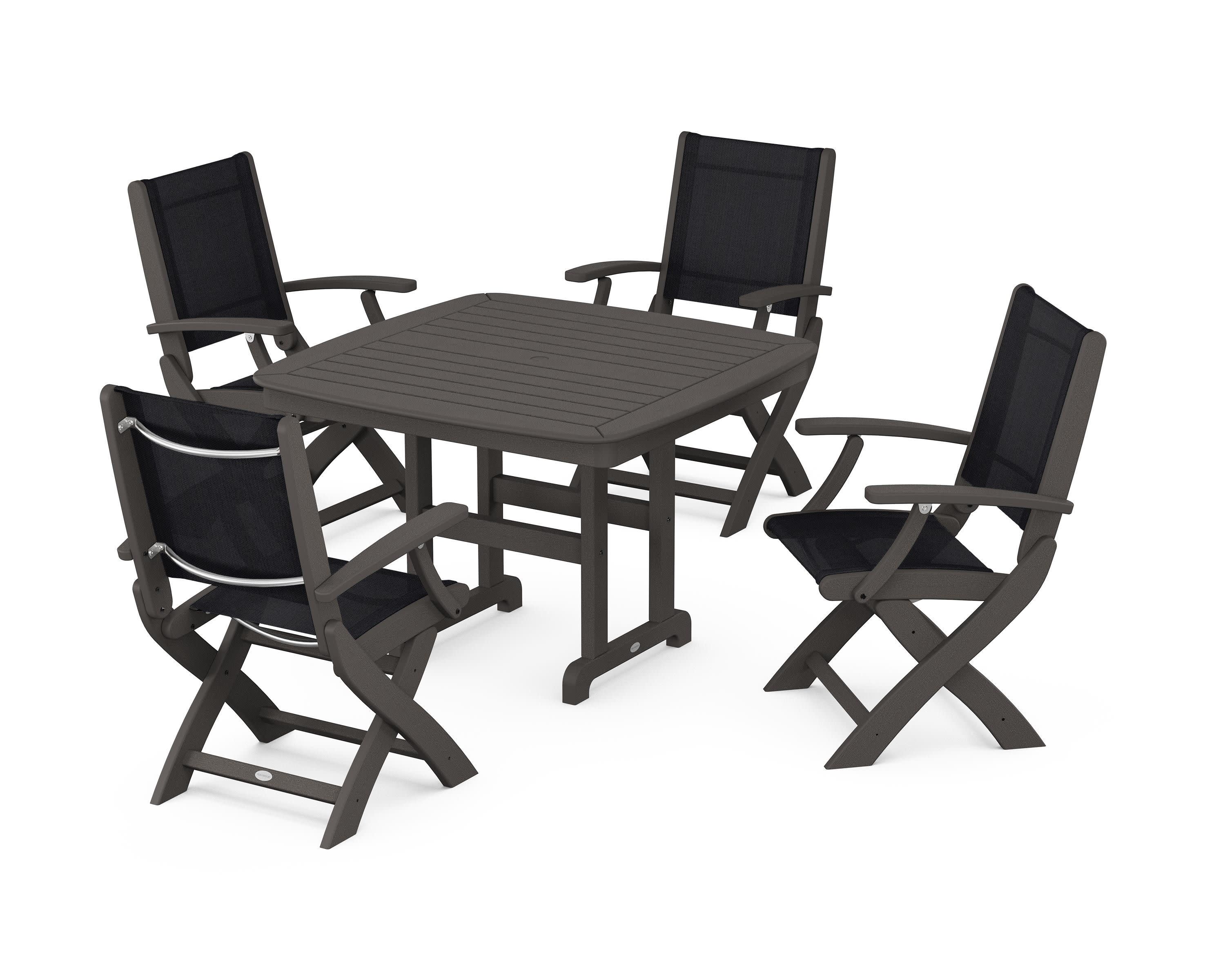 Coastal Folding Chair 5-Piece Dining Set in Vintage Coffee / Black Sling