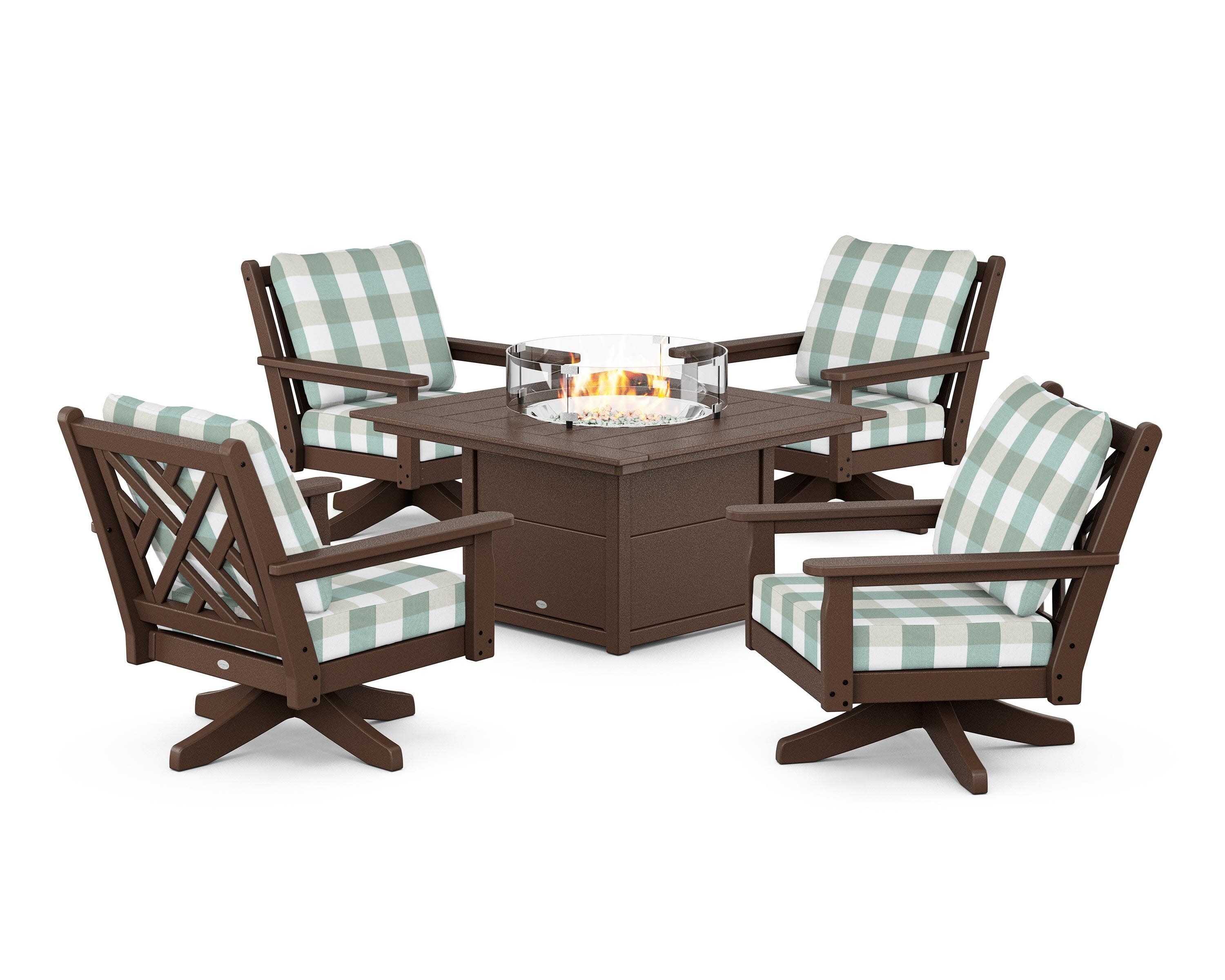 Chippendale 5-Piece Deep Seating Swivel Conversation Set with Fire Pit Table in Mahogany / Buffalo Plaid Glacier Spa
