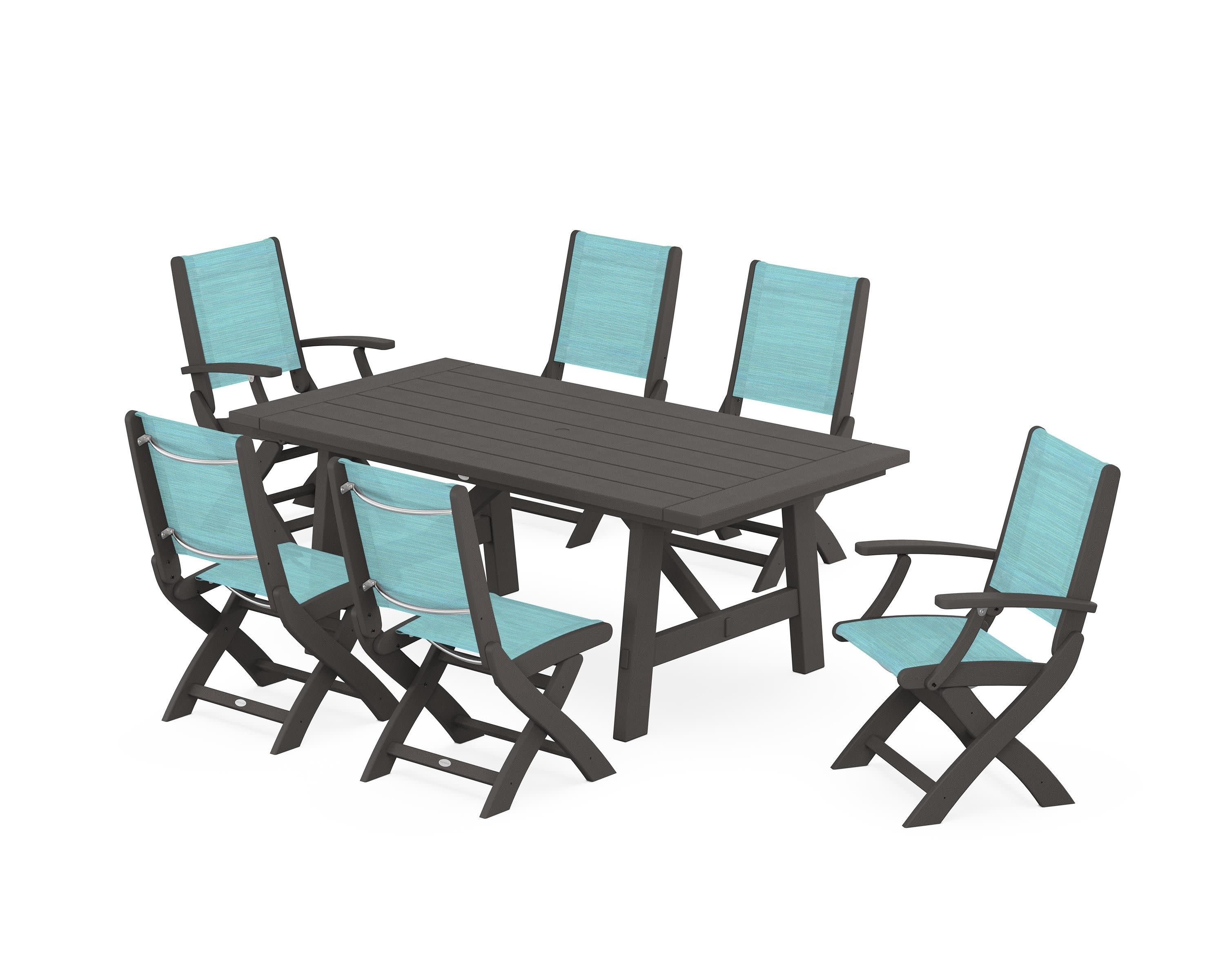 Coastal Folding Chair 7-Piece Rustic Farmhouse Dining Set in Vintage Coffee / Dupioni Aquamarine Sling
