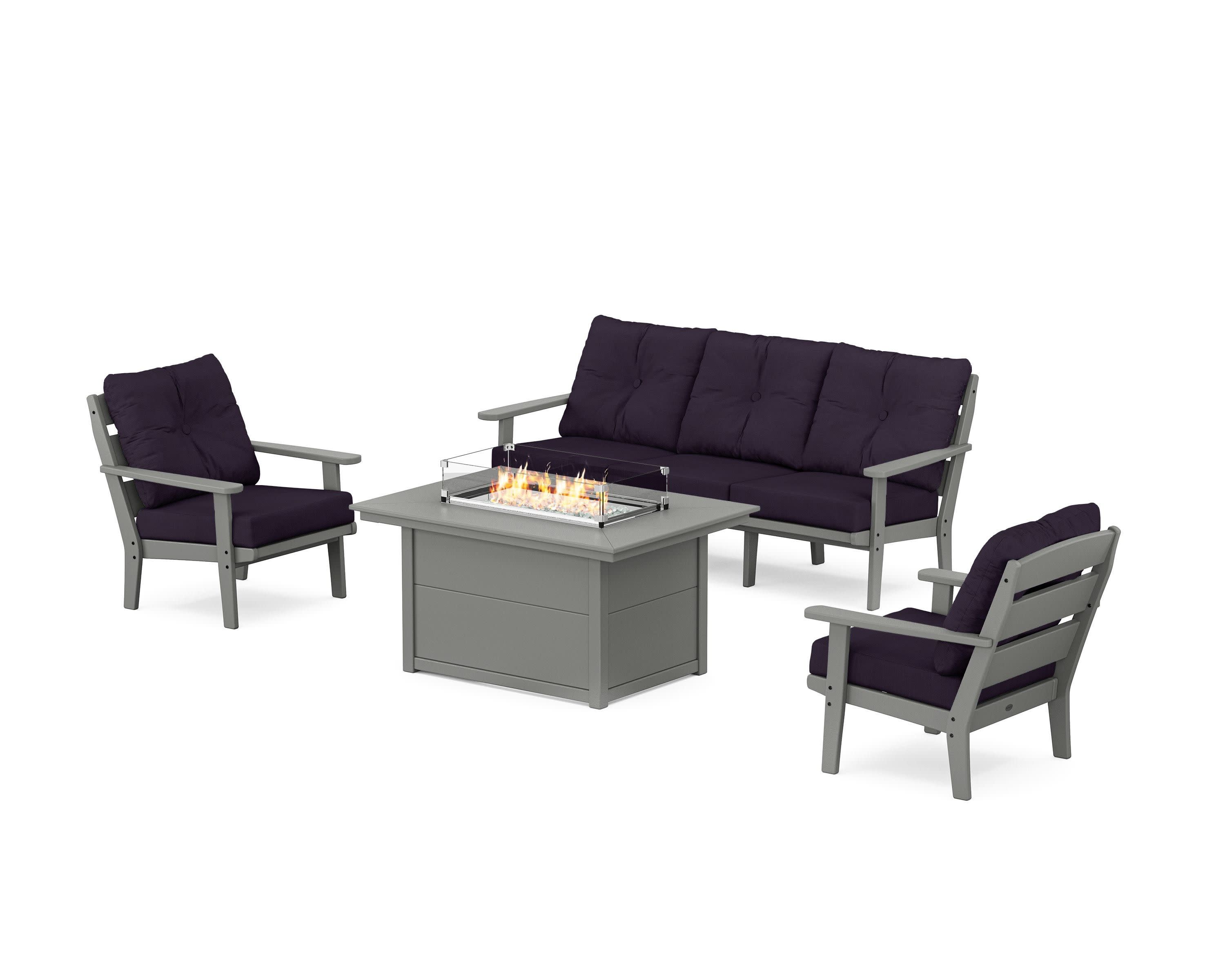 Lakeside Deep Seating Fire Pit Table Set in Slate Grey / Navy Linen