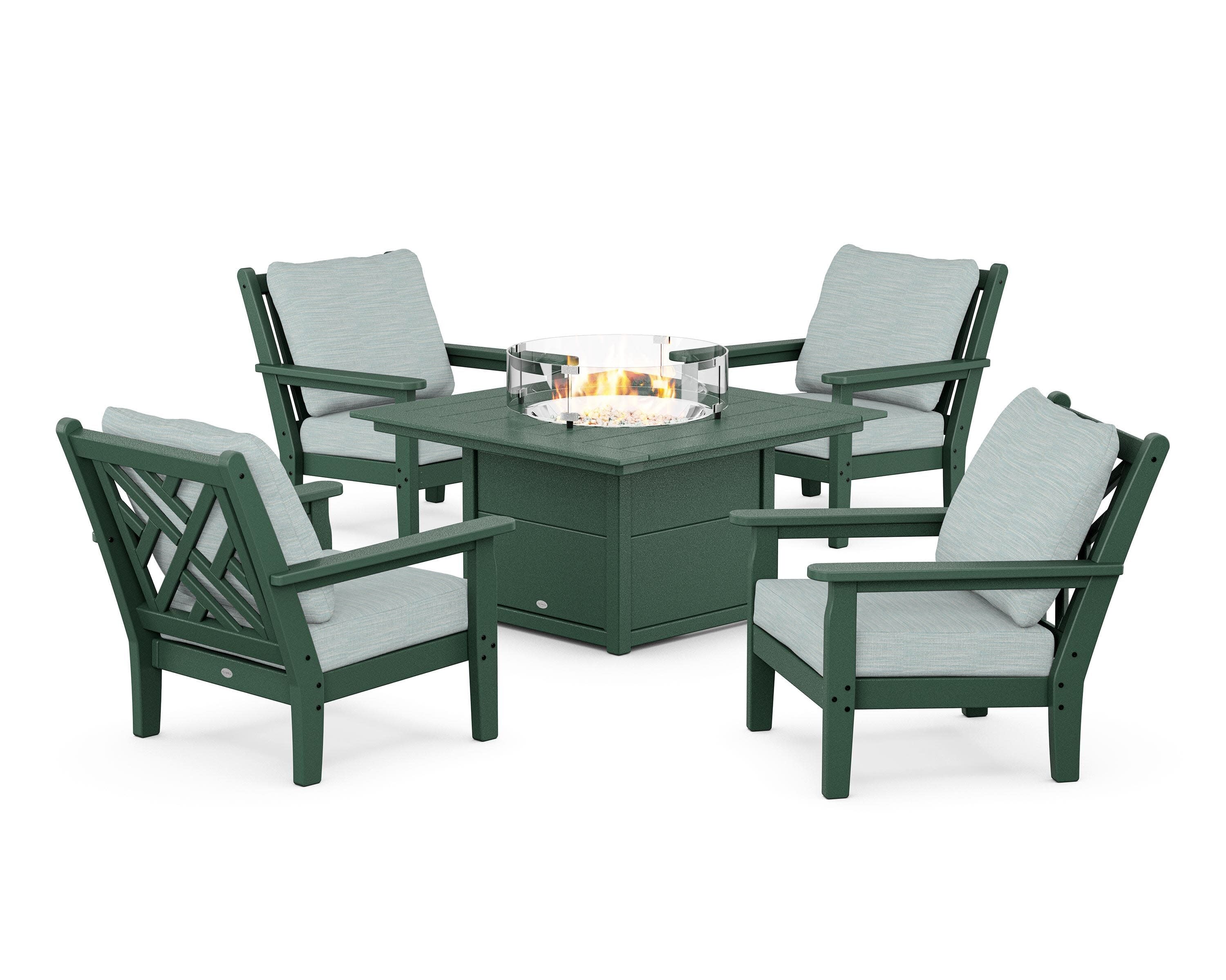 Chippendale 5-Piece Deep Seating Set with Fire Pit Table in Green / Soothe Mist