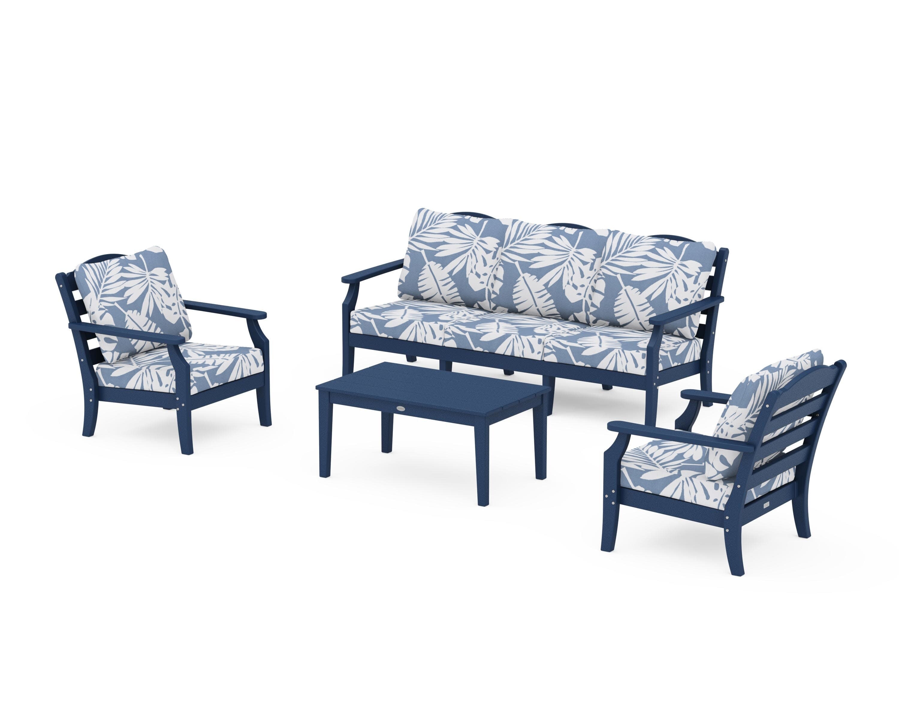 Savannah 4-Piece Deep Seating Set with Sofa in Navy / Leaf Sky Blue