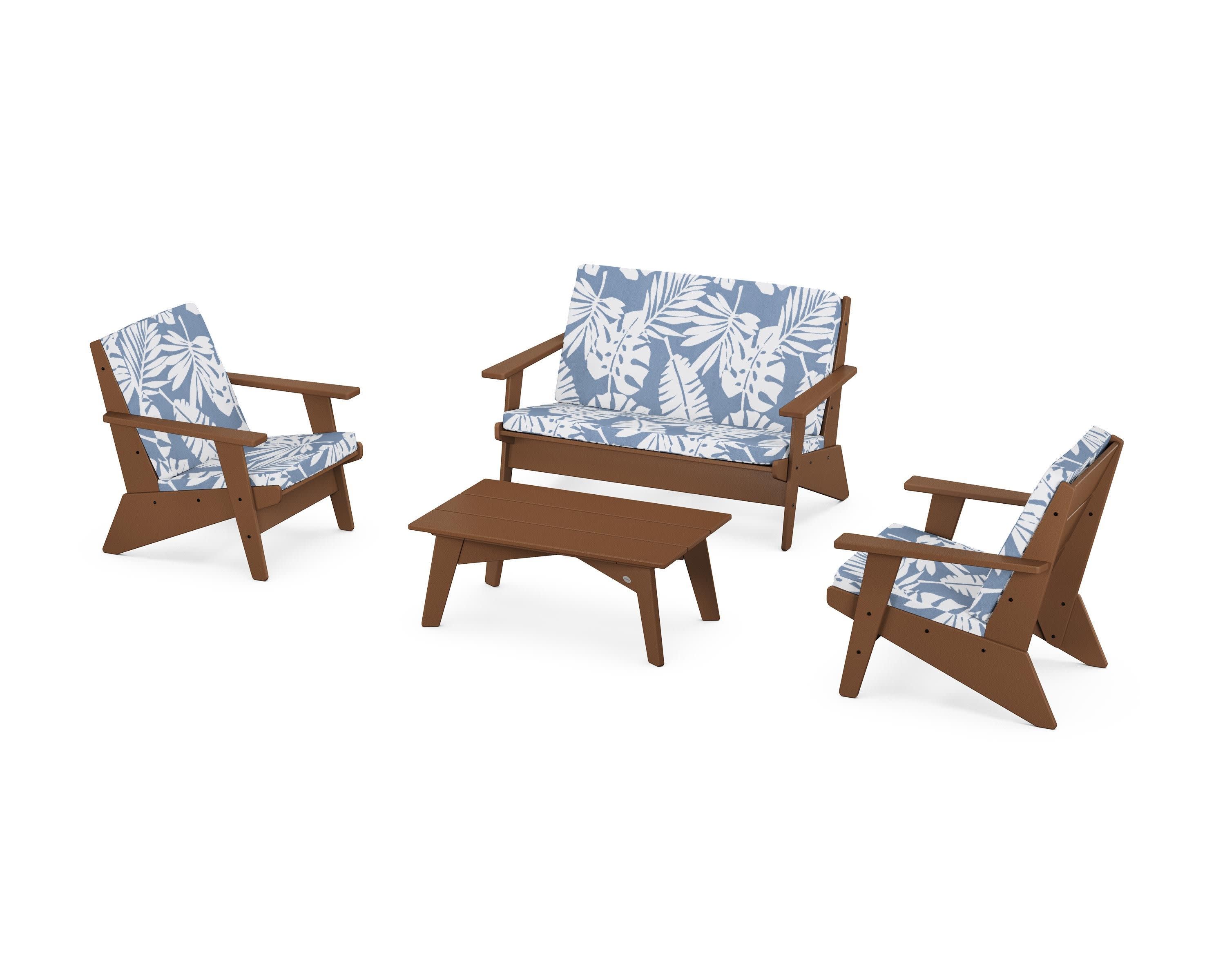 Riviera Modern Lounge 4-Piece Set in Teak / Leaf Sky Blue