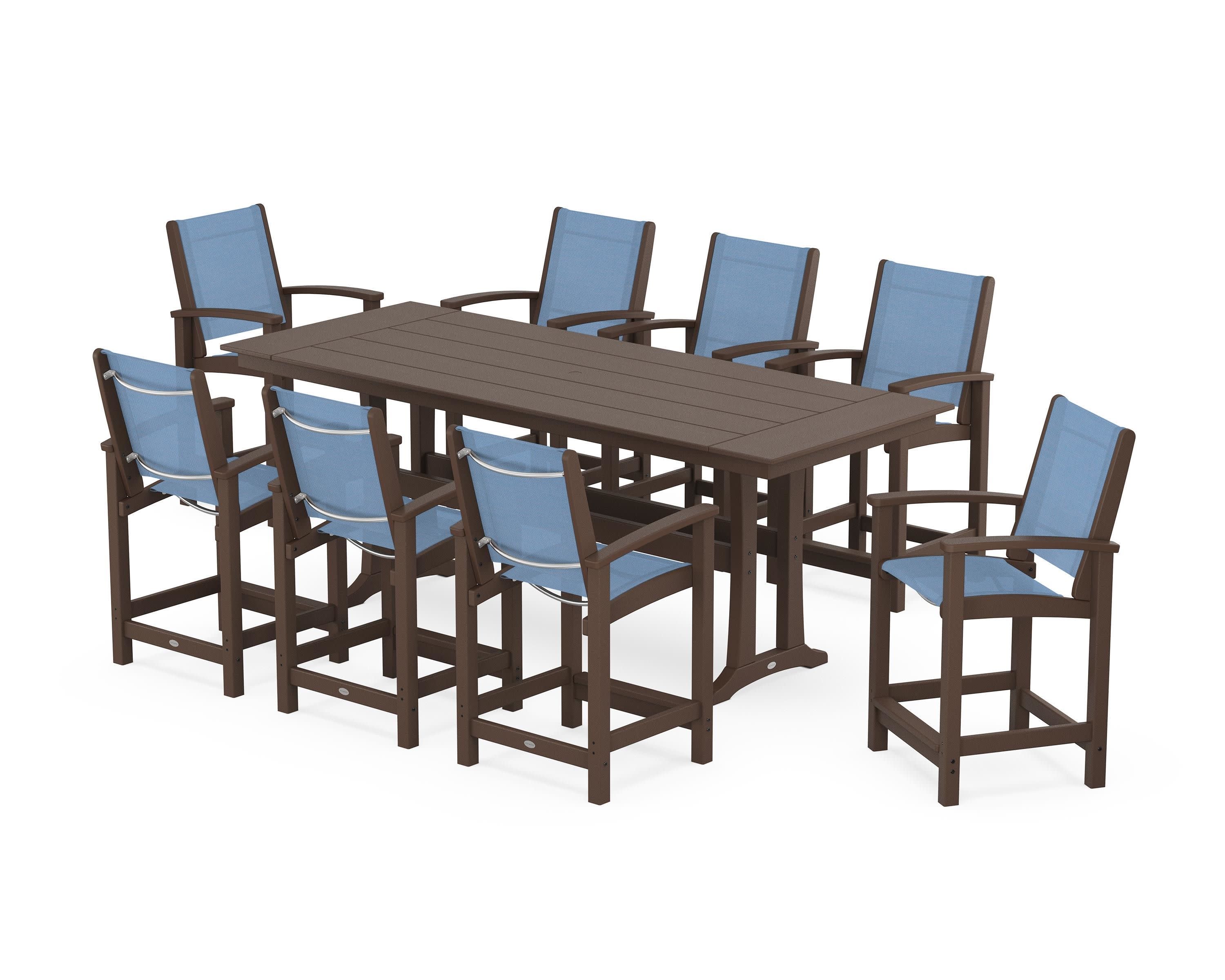 Coastal 9-Piece Farmhouse Counter Set with Trestle Legs in Mahogany / Poolside Sling