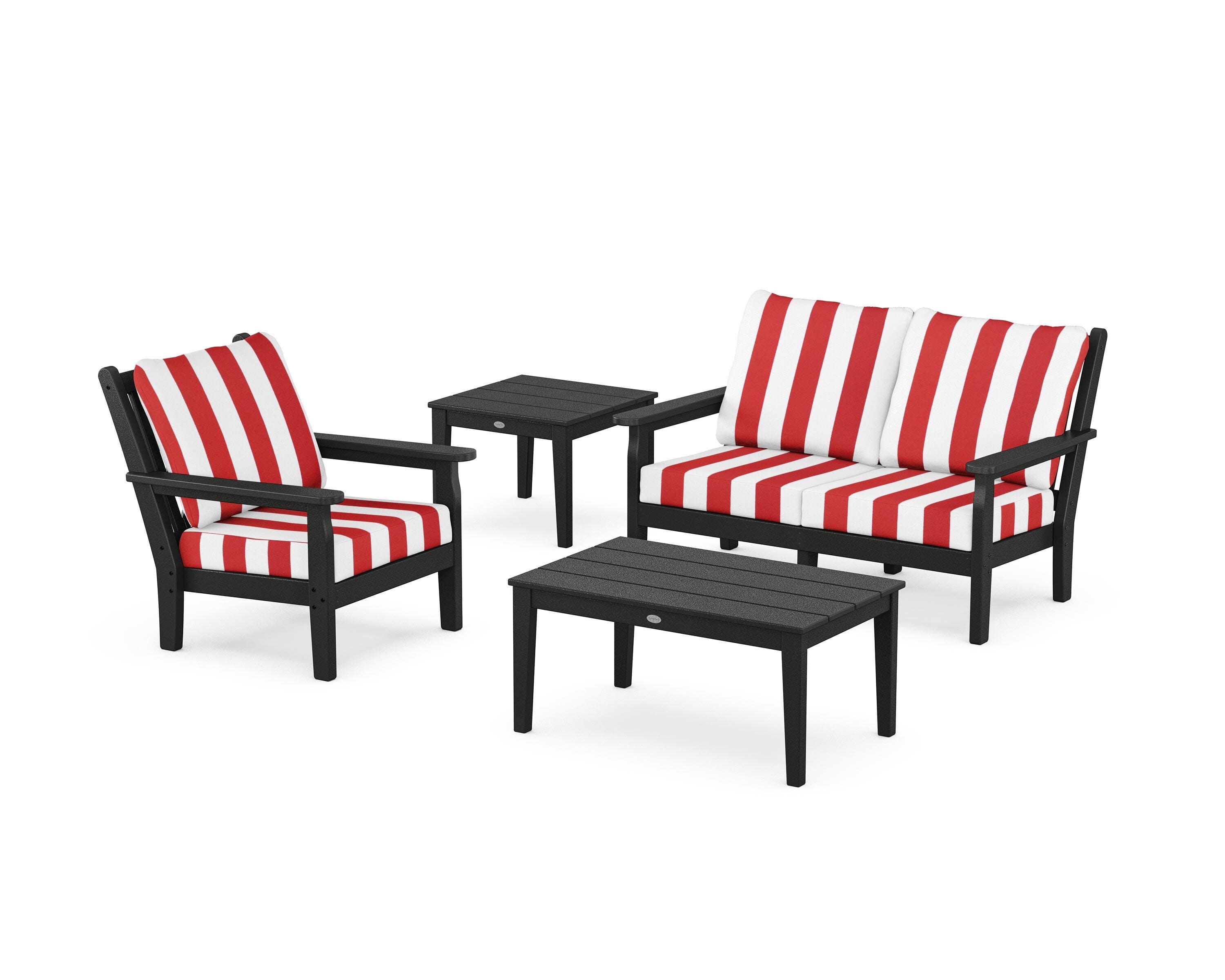 Chippendale 4-Piece Deep Seating Set in Black / Cabana Stripe Crimson