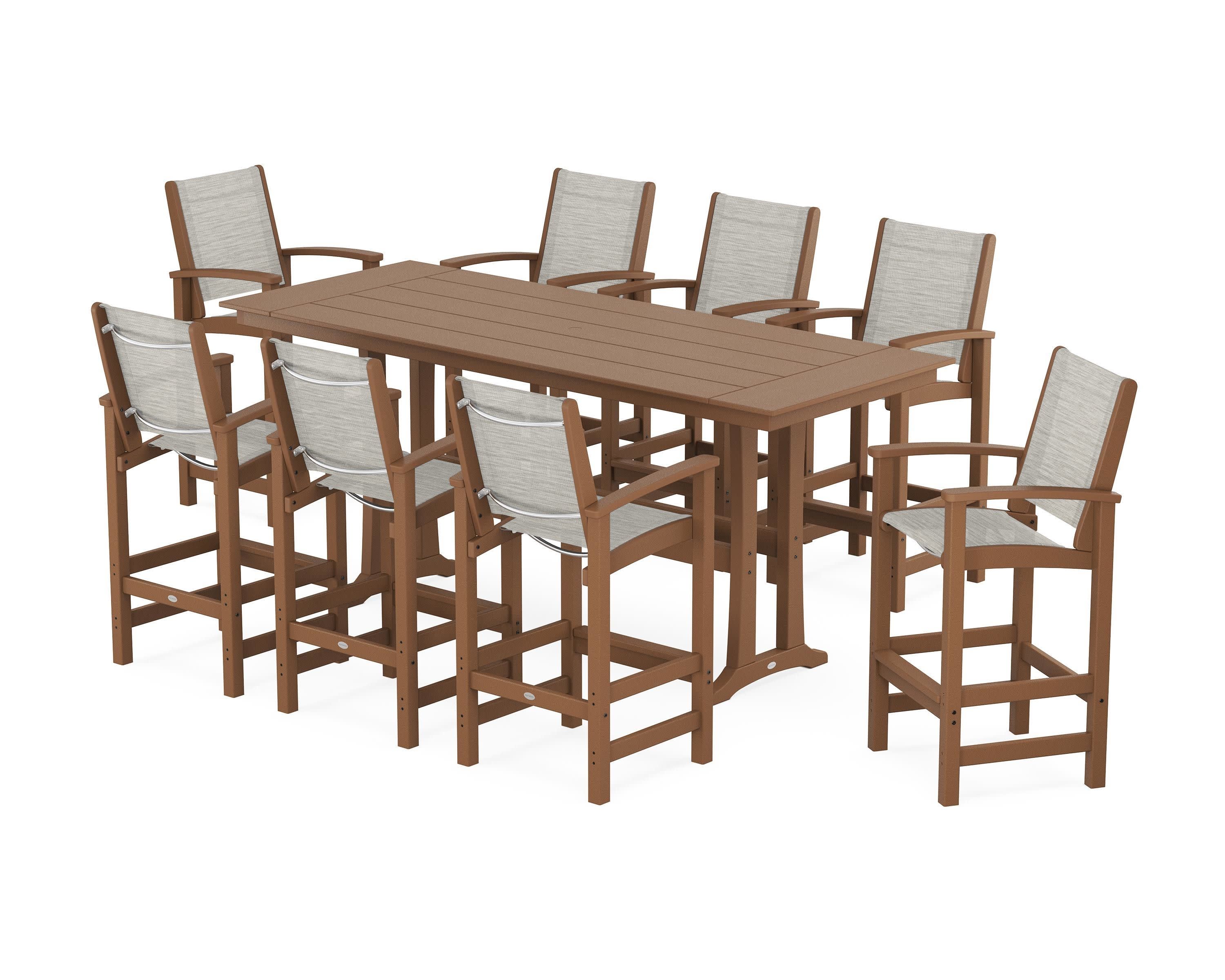 Coastal 9-Piece Farmhouse Bar Set with Trestle Legs in Teak / Birch Sling