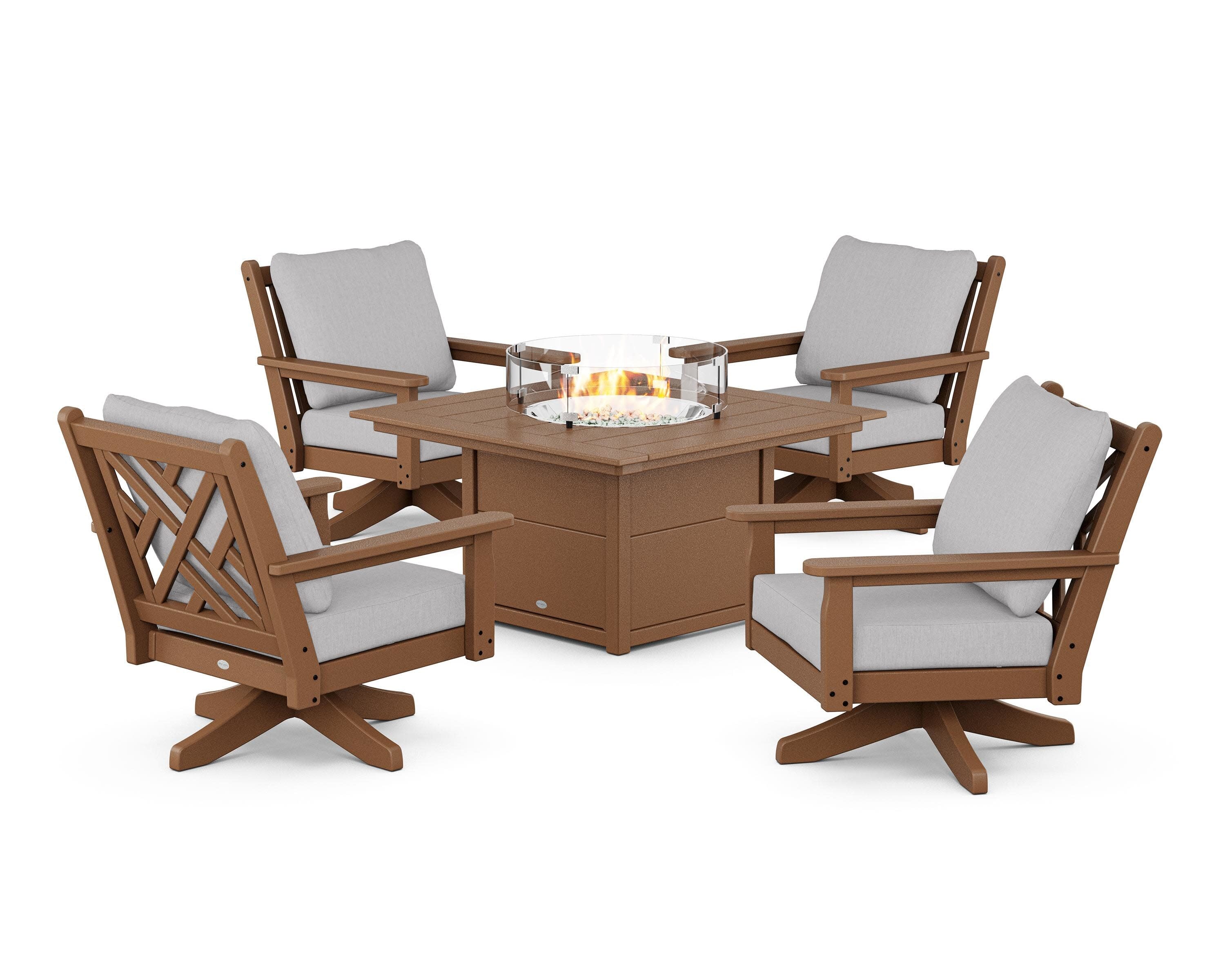 Chippendale 5-Piece Deep Seating Swivel Conversation Set with Fire Pit Table in Teak / Granite