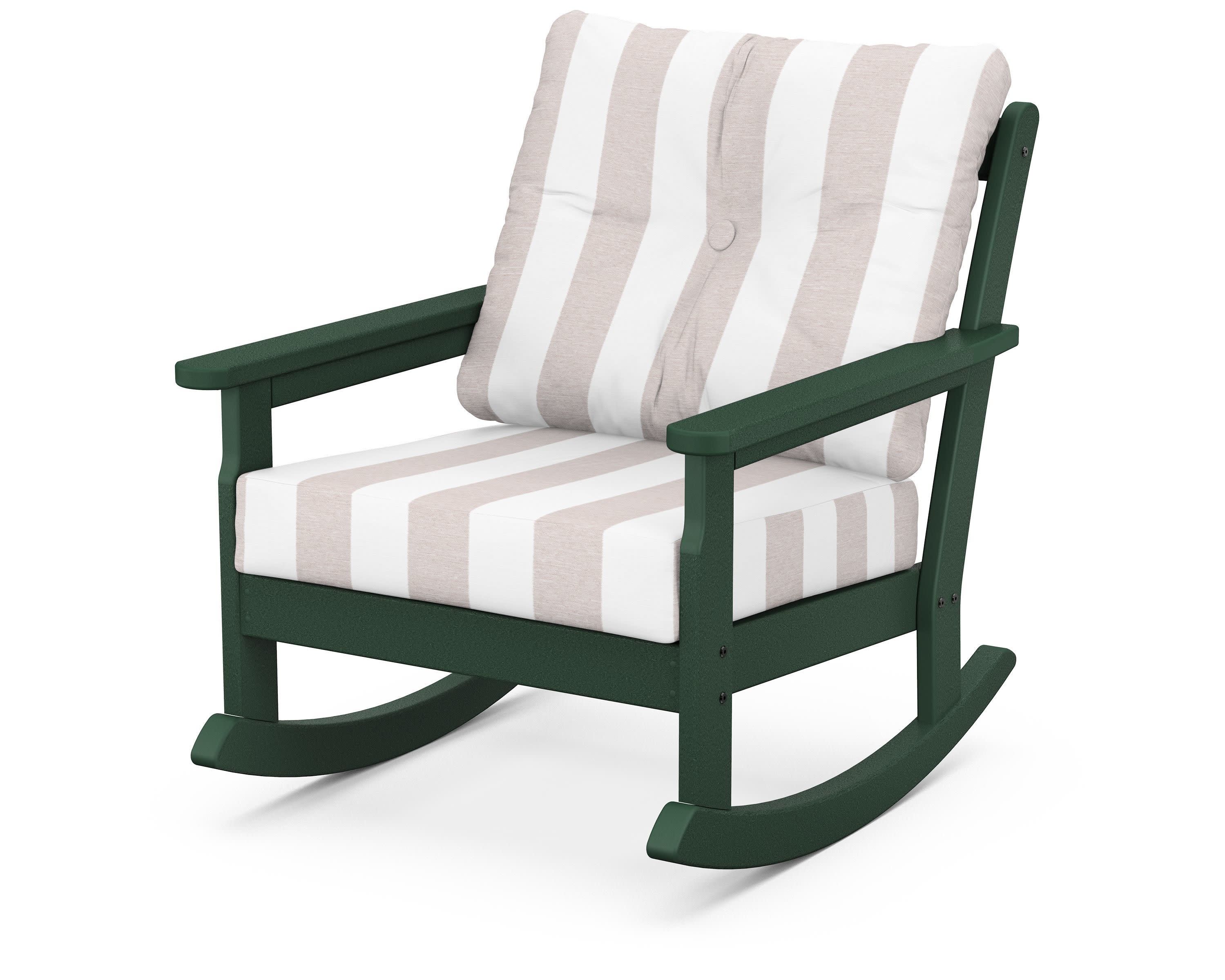 Vineyard Deep Seating Rocking Chair in Green / Cabana Stripe Dune Burlap