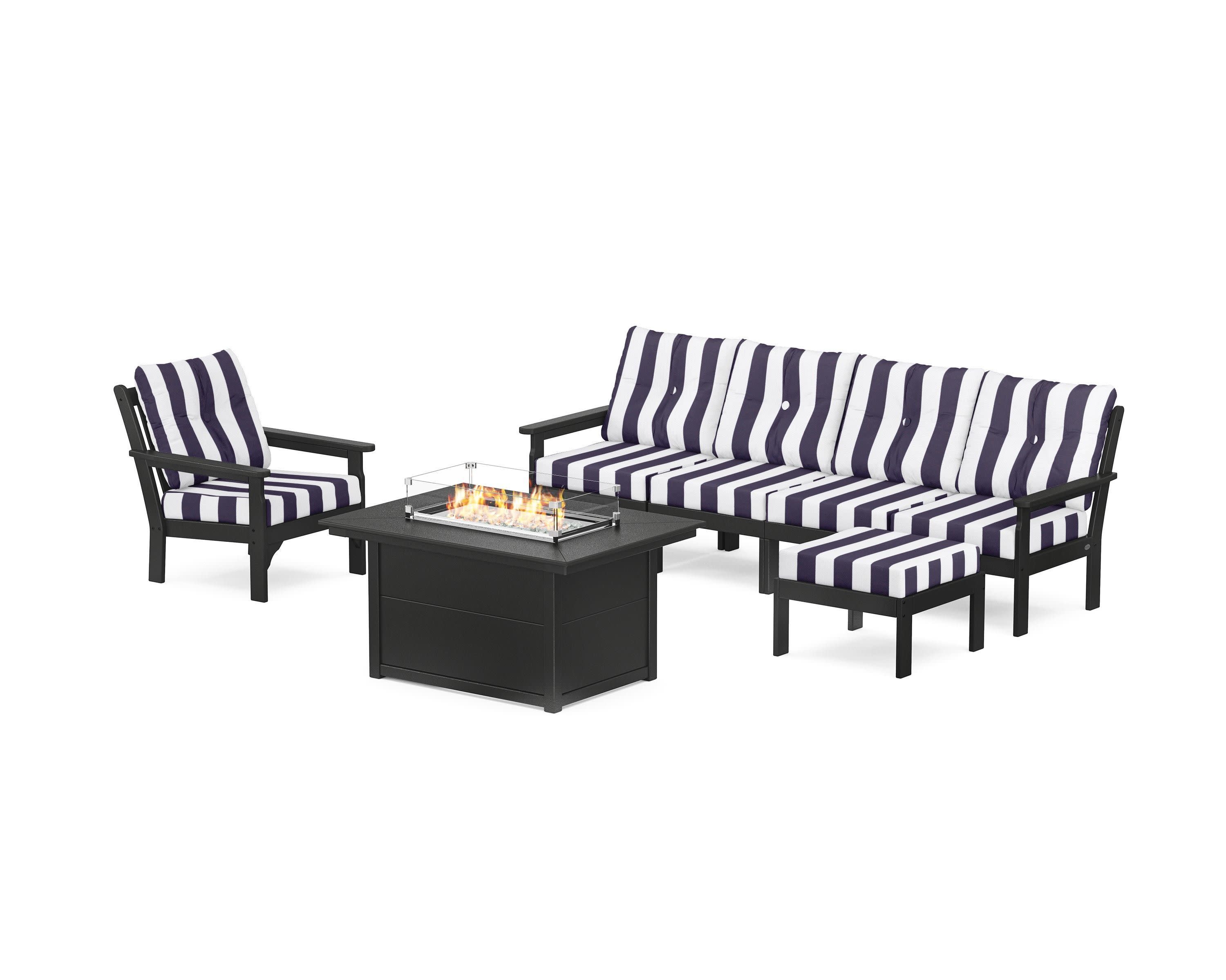 Vineyard Sectional Lounge and Fire Pit Set in Black / Cabana Stripe Navy