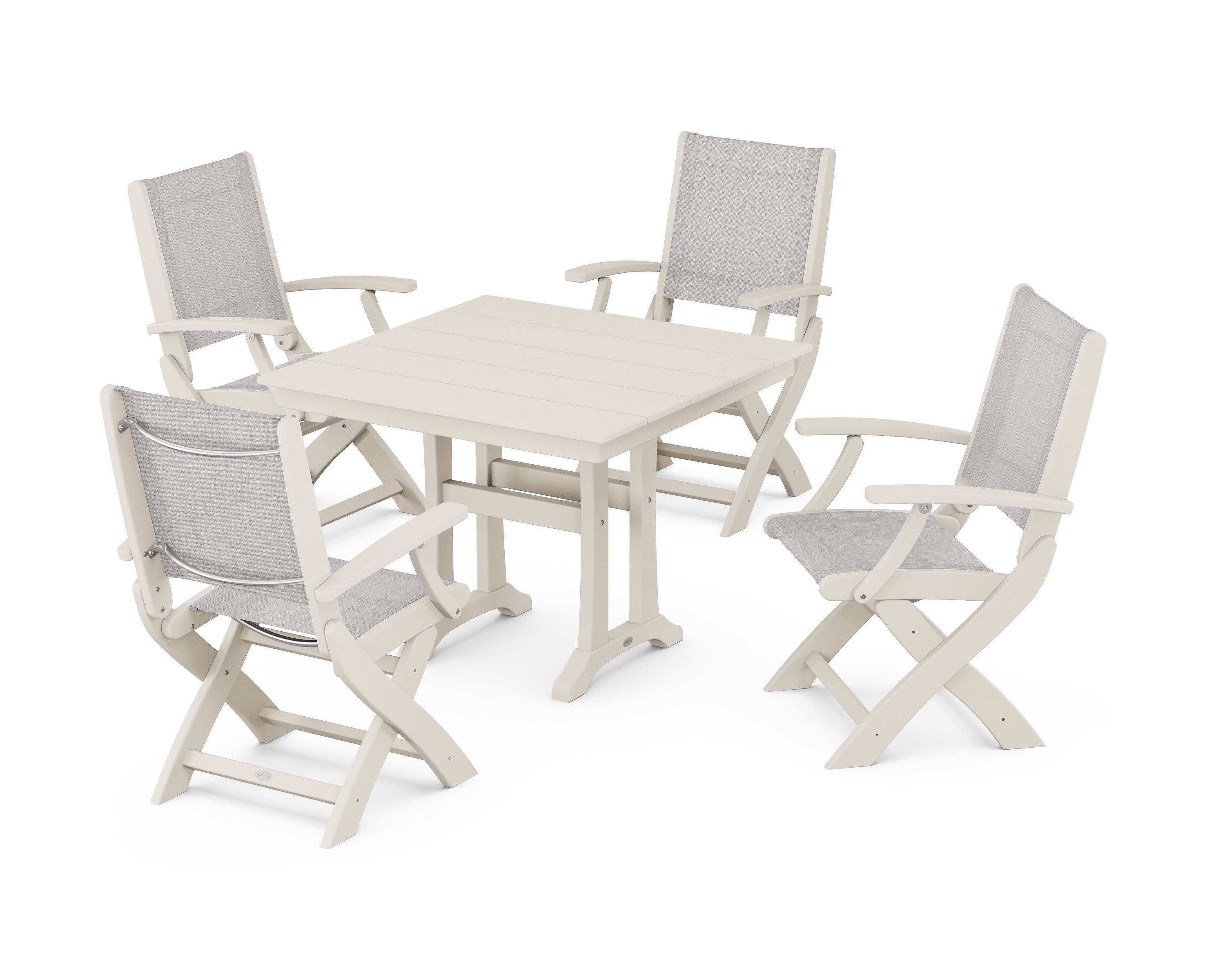 Coastal Folding Chair 5-Piece Farmhouse Dining Set With Trestle Legs in Sand / Parchment Sling
