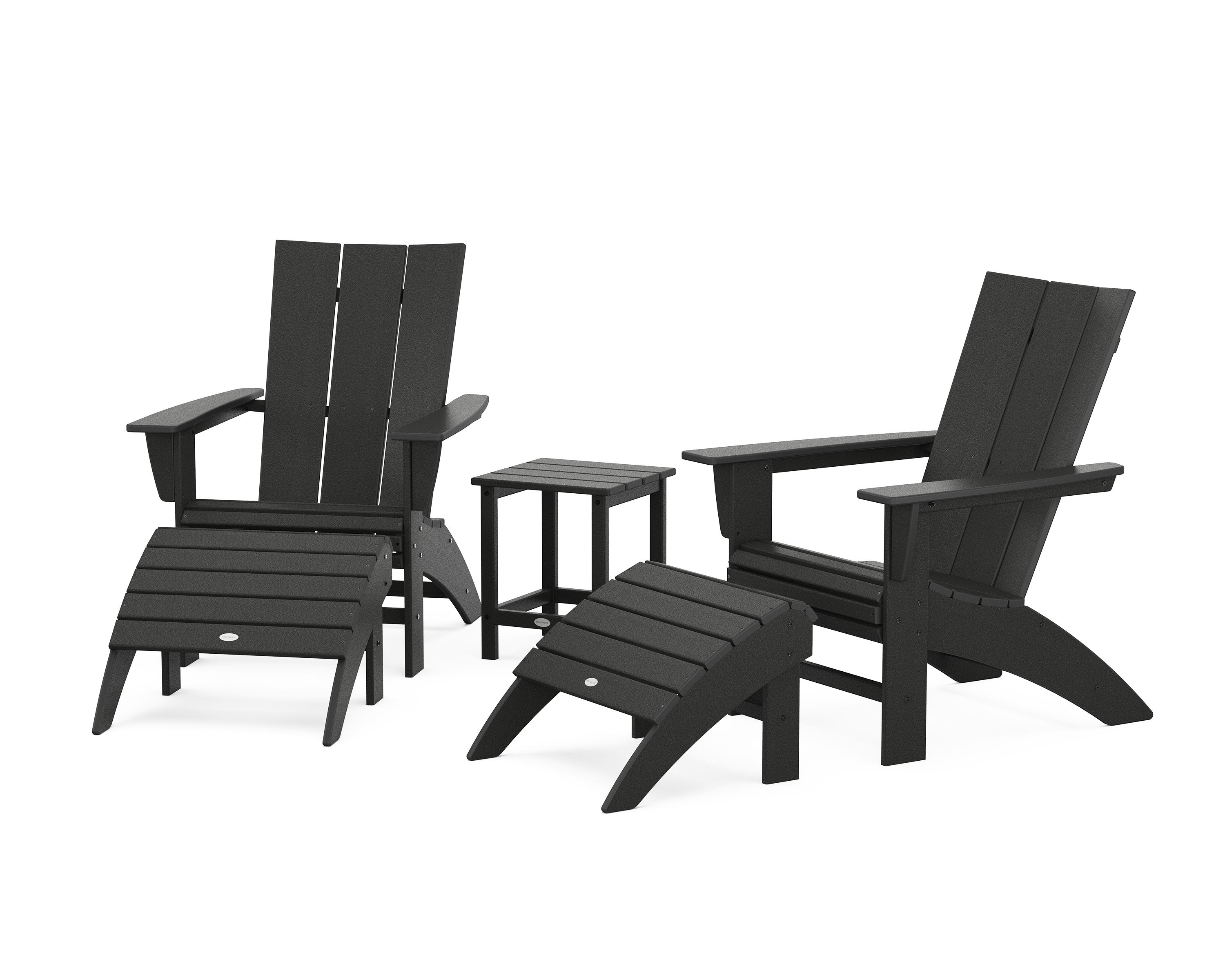 Modern Curveback Adirondack Chair 5-Piece Set with Ottomans and 18" Side Table in Black