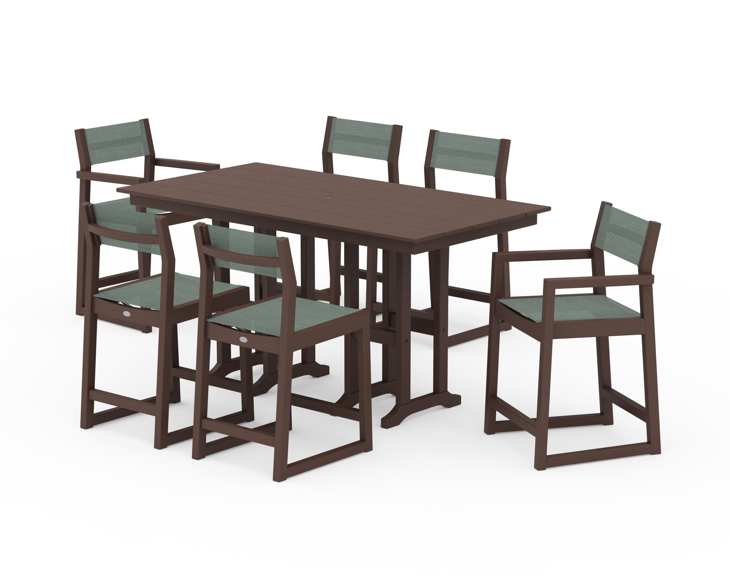 EDGE Sling 7-Piece Farmhouse Counter Set with Trestle Legs in Mahogany / Dupioni Sea Mist Sling
