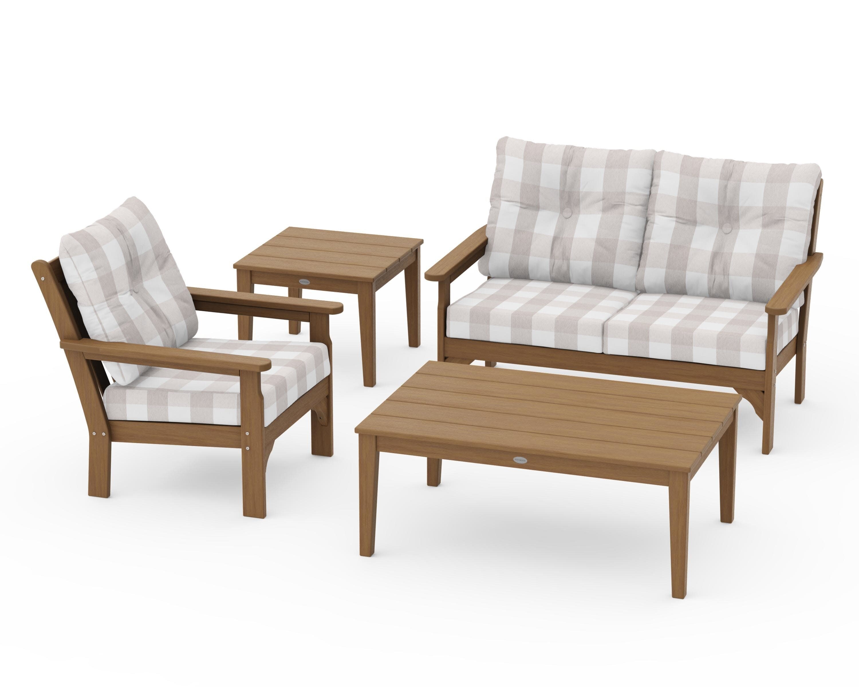 Vineyard 4-Piece Deep Seating Set in Natural / Buffalo Plaid Dune Burlap