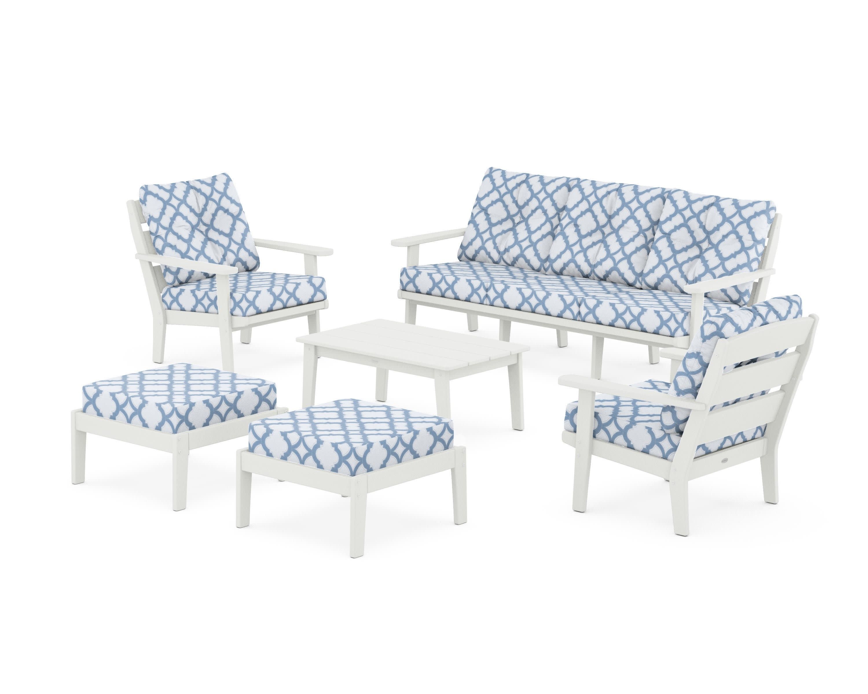 Lakeside 6-Piece Lounge Sofa Set in Vintage White / Trellis Sky Blue