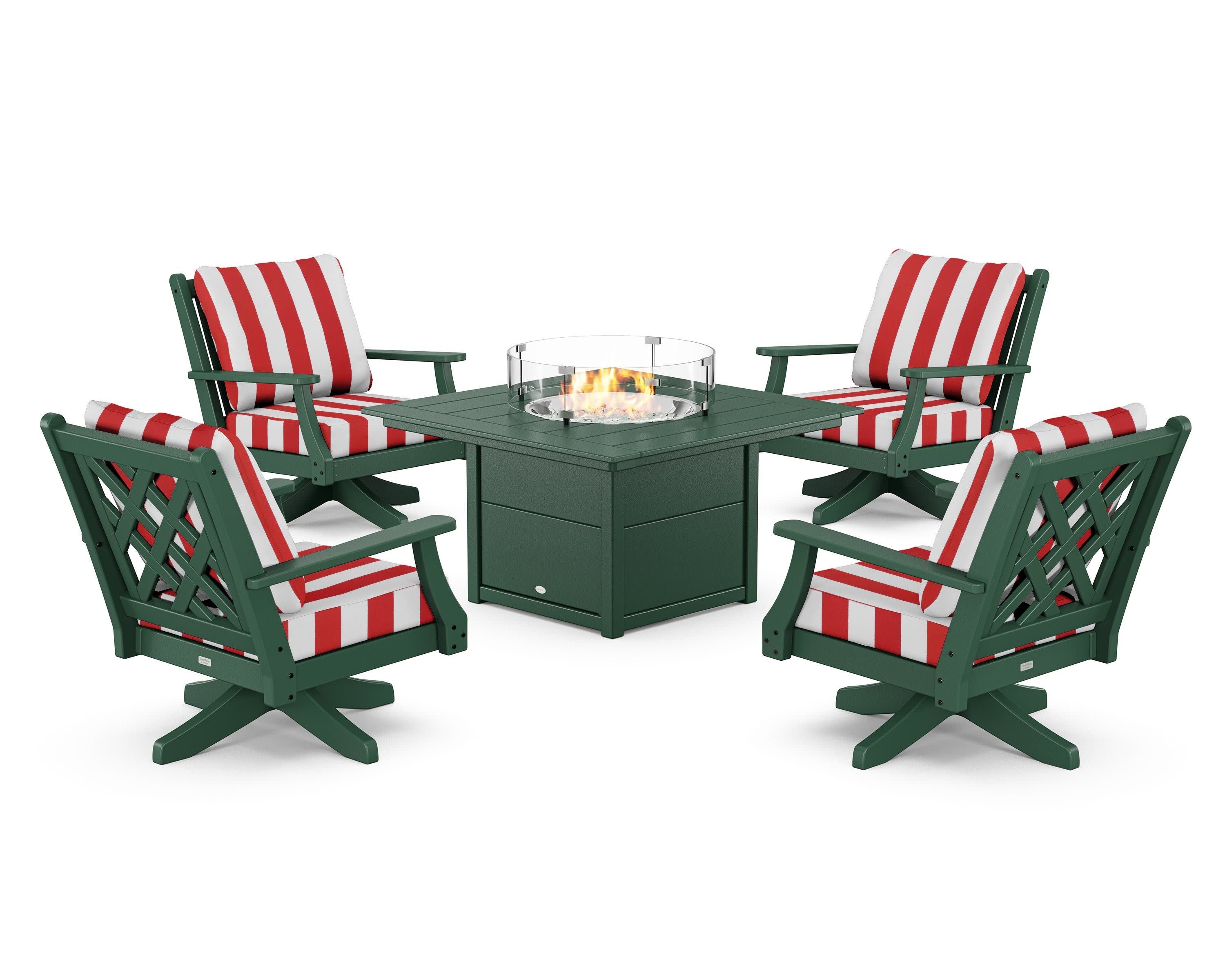 Wovendale 5-Piece Deep Seating Swivel Conversation Set with Fire Pit Table in Green / Cabana Stripe Crimson