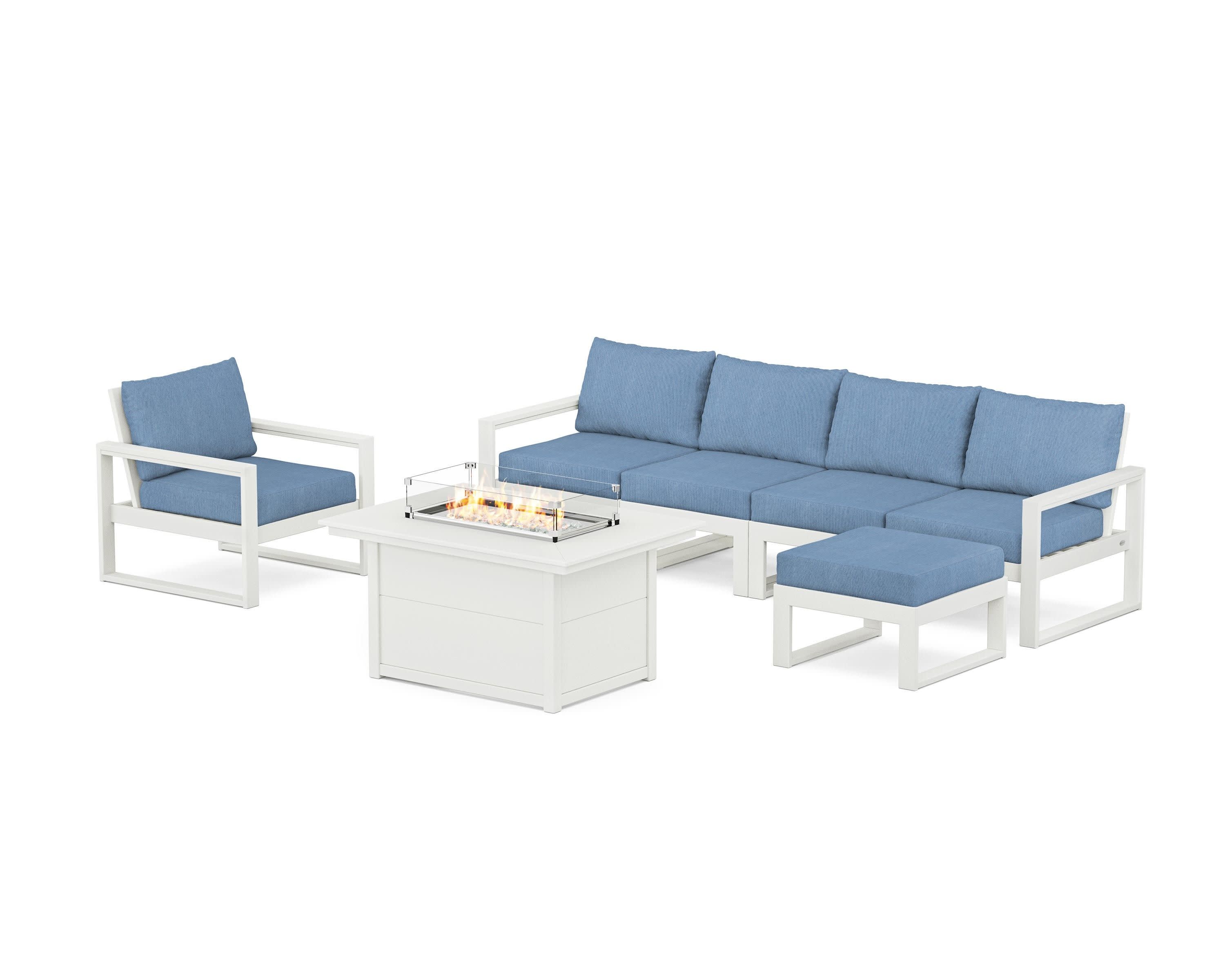 EDGE Sectional Lounge and Fire Pit Set in Vintage White / Sky Blue
