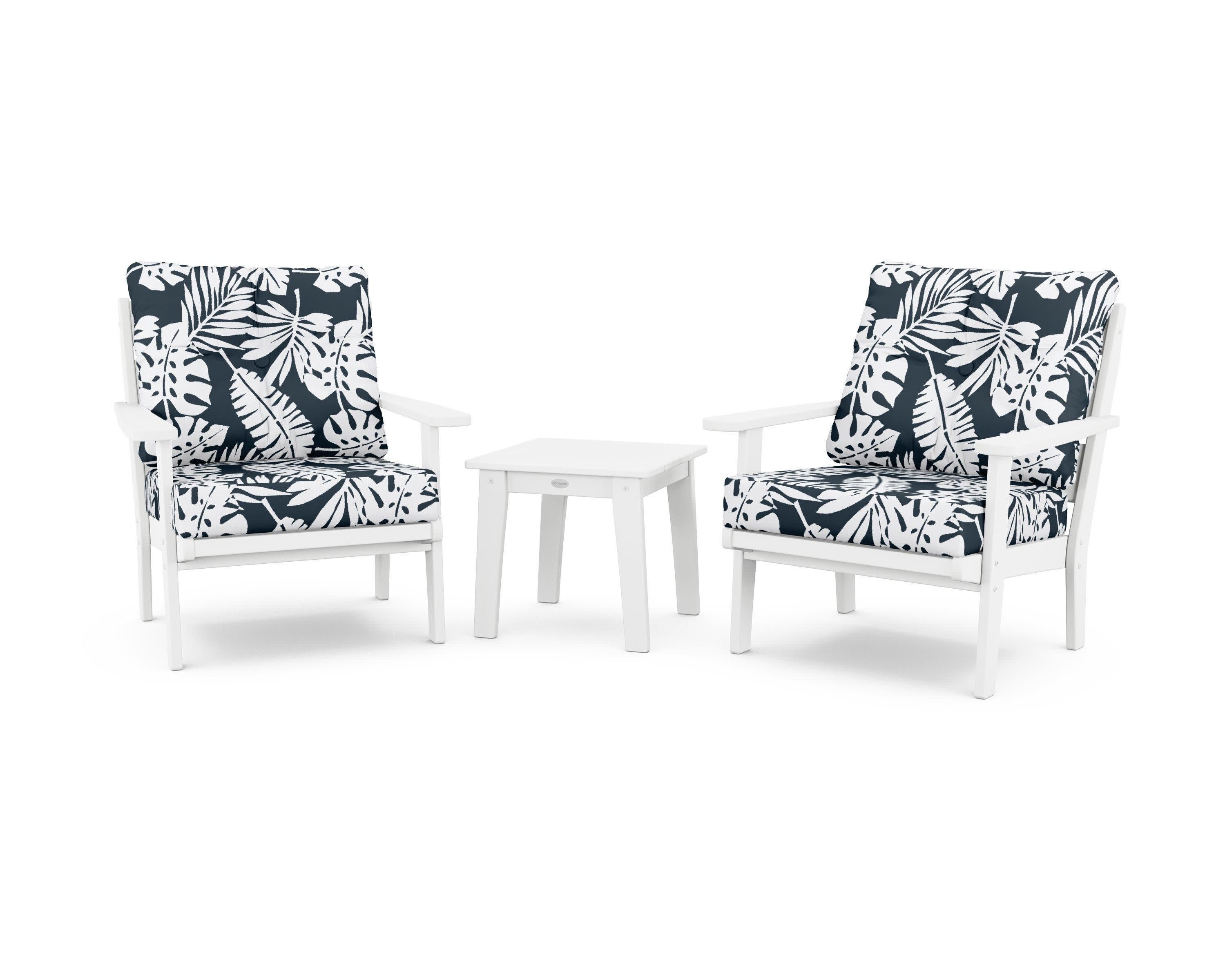 Lakeside 3-Piece Deep Seating Chair Set in White / Leaf Marine Indigo