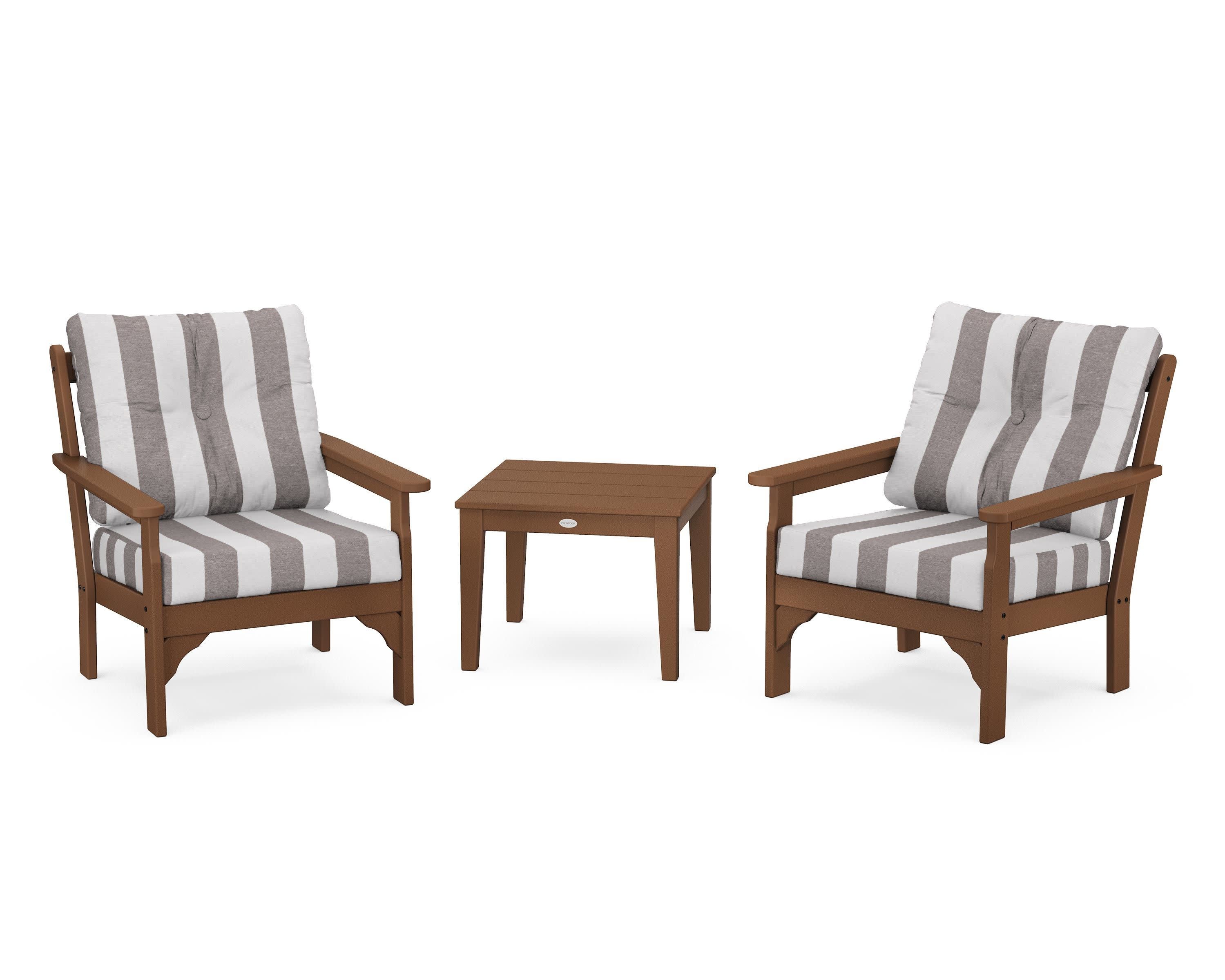 Vineyard 3-Piece Deep Seating Set in Teak / Cabana Stripe Grey Mist