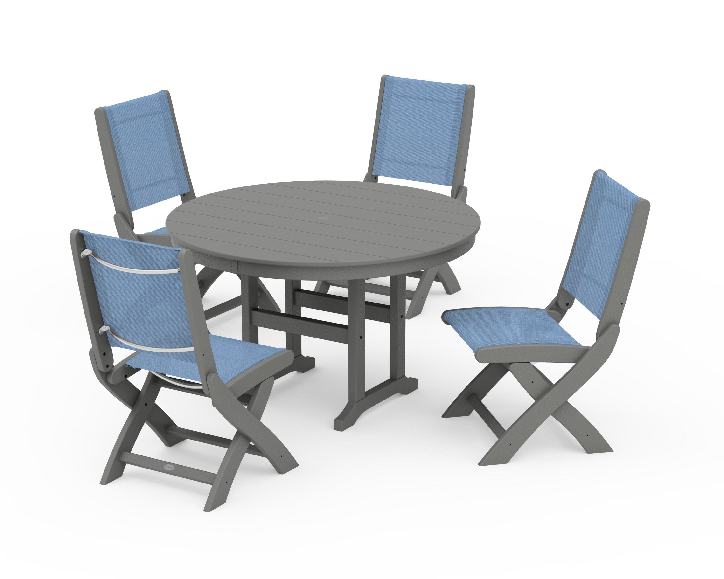 Coastal Folding Side Chair 5-Piece Round Dining Set in Slate Grey / Poolside Sling