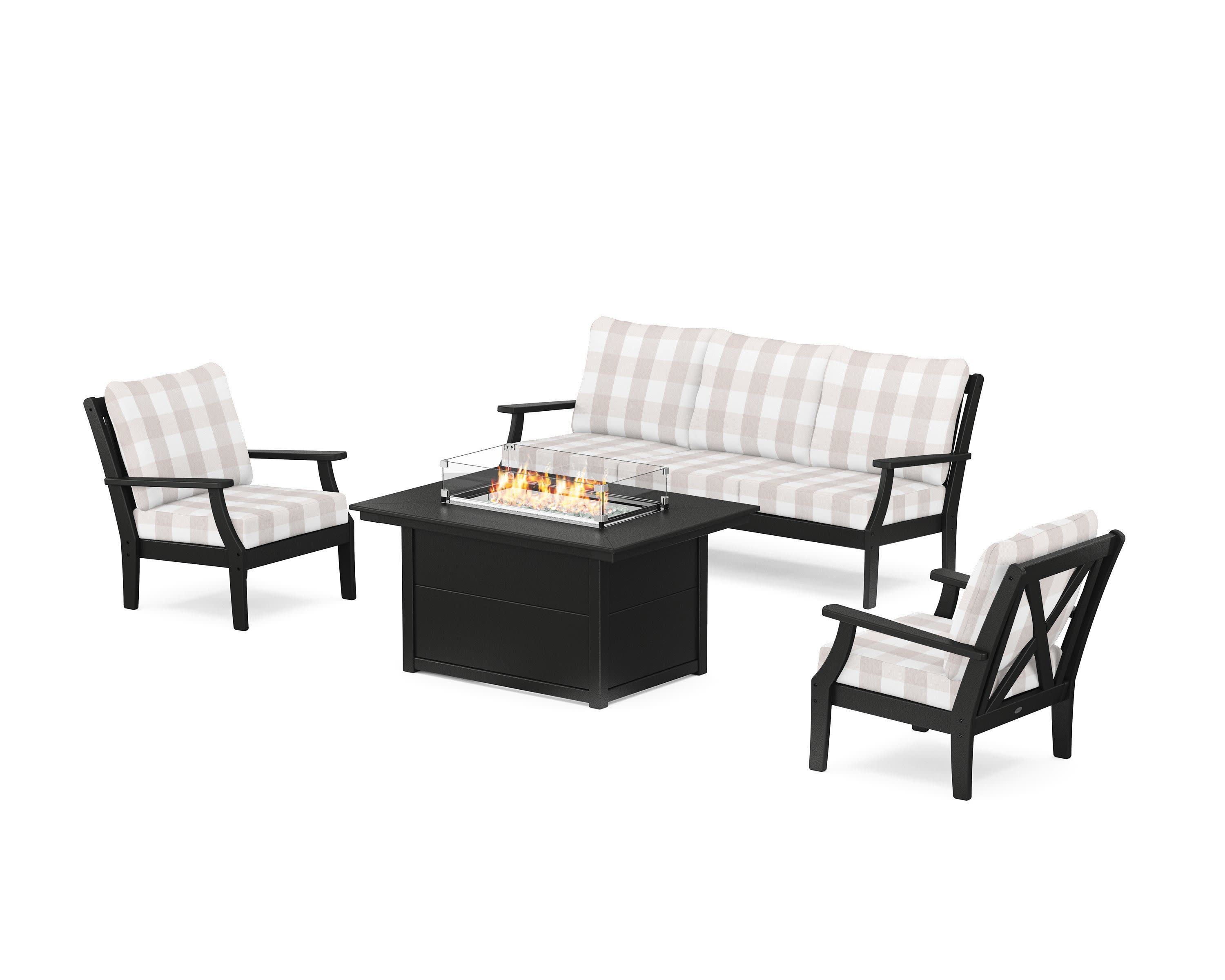 Braxton Deep Seating Fire Pit Table Set in Black / Buffalo Plaid Dune Burlap