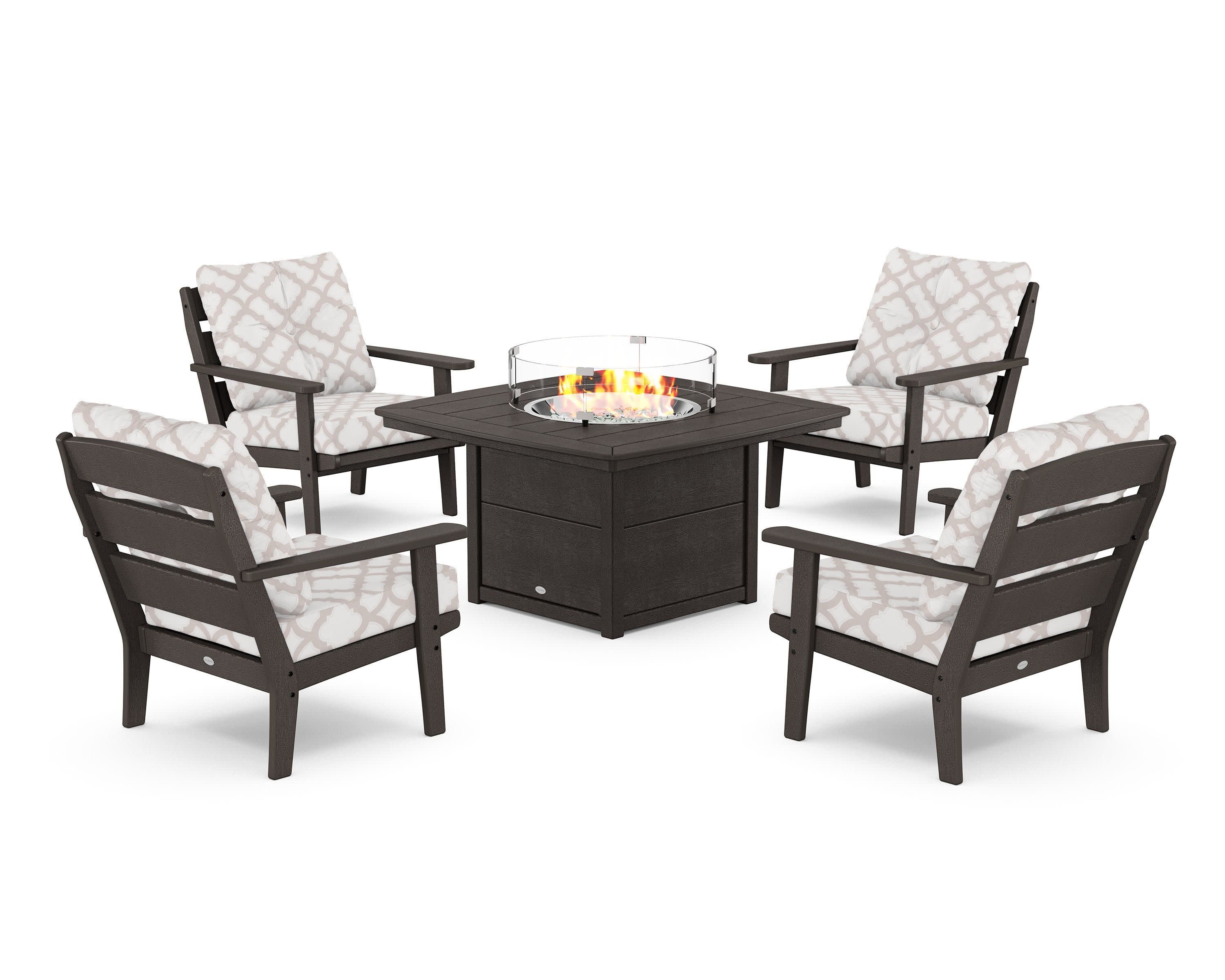 Lakeside 5-Piece Deep Seating Set with Nautical Fire Pit Table in Vintage Coffee / Trellis Dune Burlap