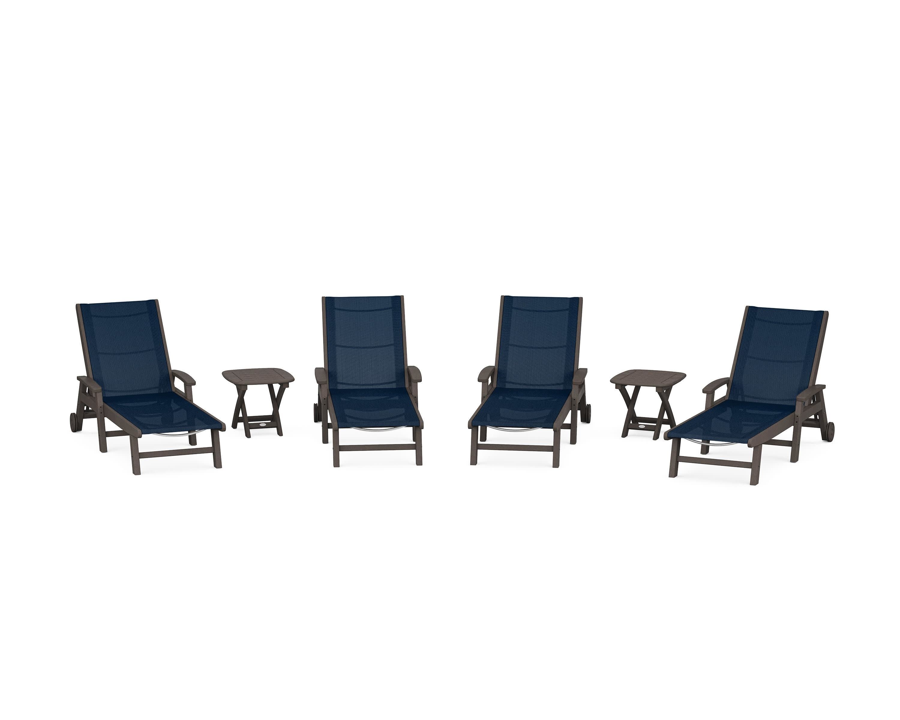 Coastal Chaise 6-Piece Set with Wheels in Vintage Coffee / Navy Blue Sling