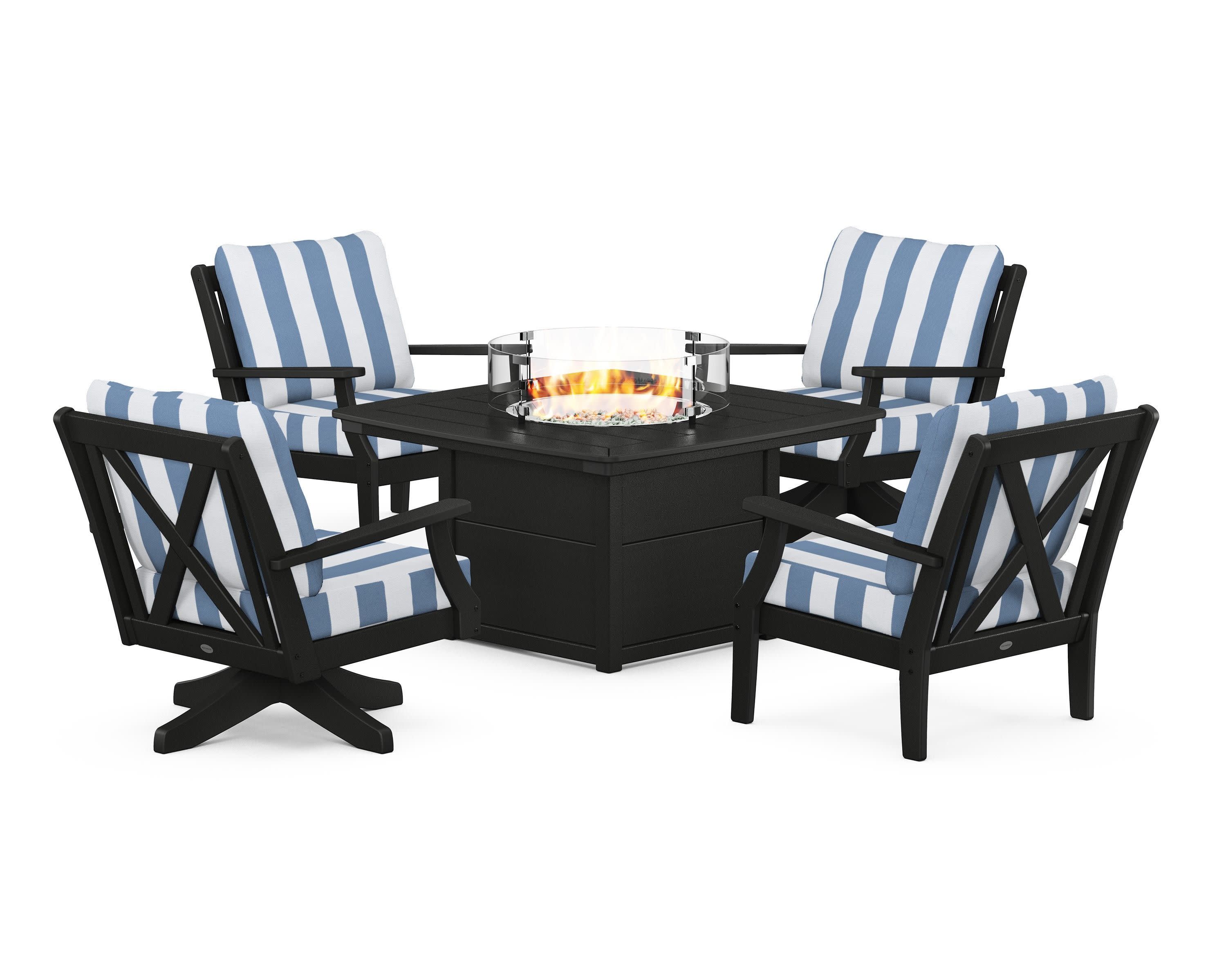 Braxton 5-Piece Deep Seating Set with Fire Table in Black / Cabana Stripe Sky Blue