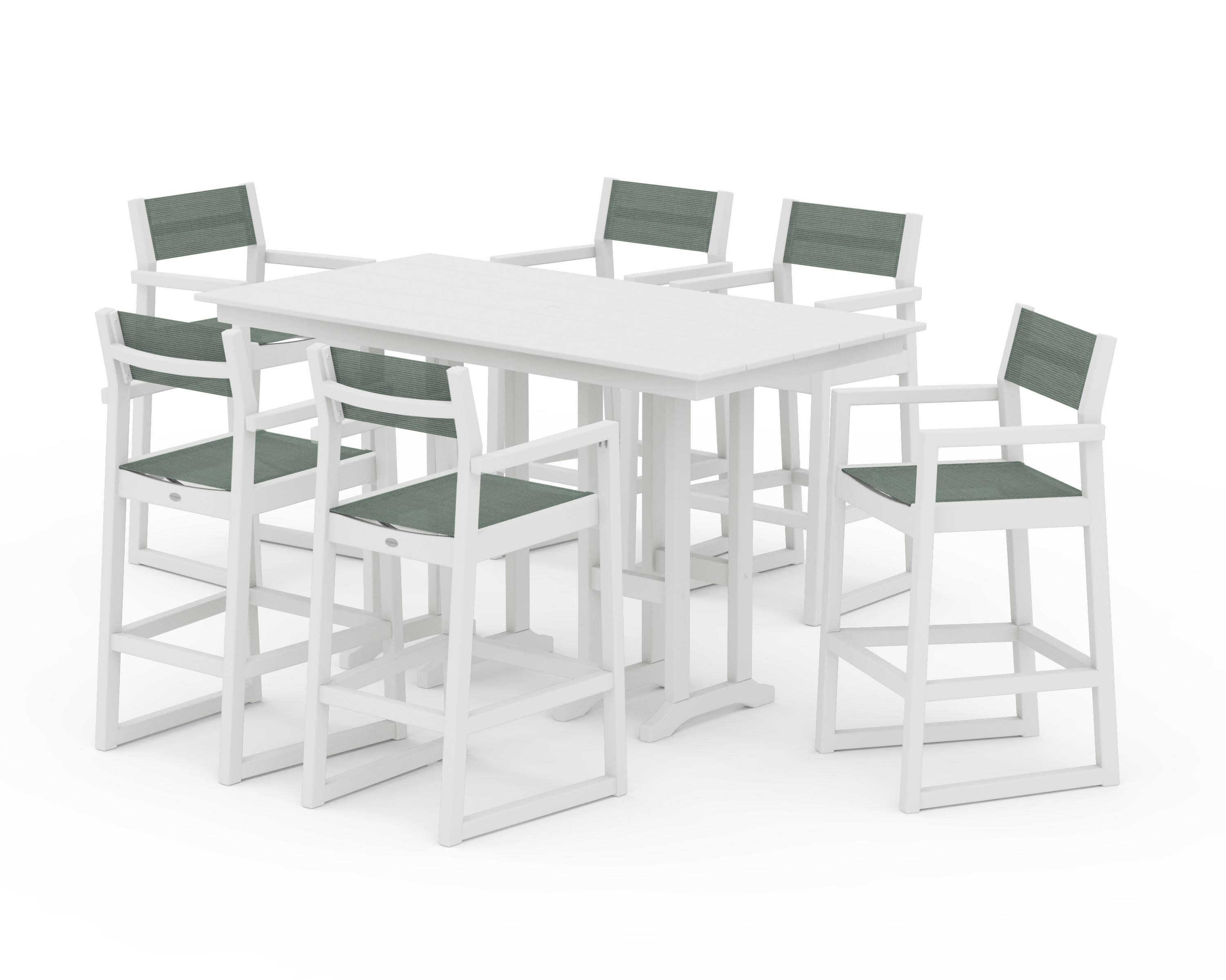EDGE Sling Arm Chair 7-Piece Farmhouse Bar Set in Vintage White / Dupioni Sea Mist Sling