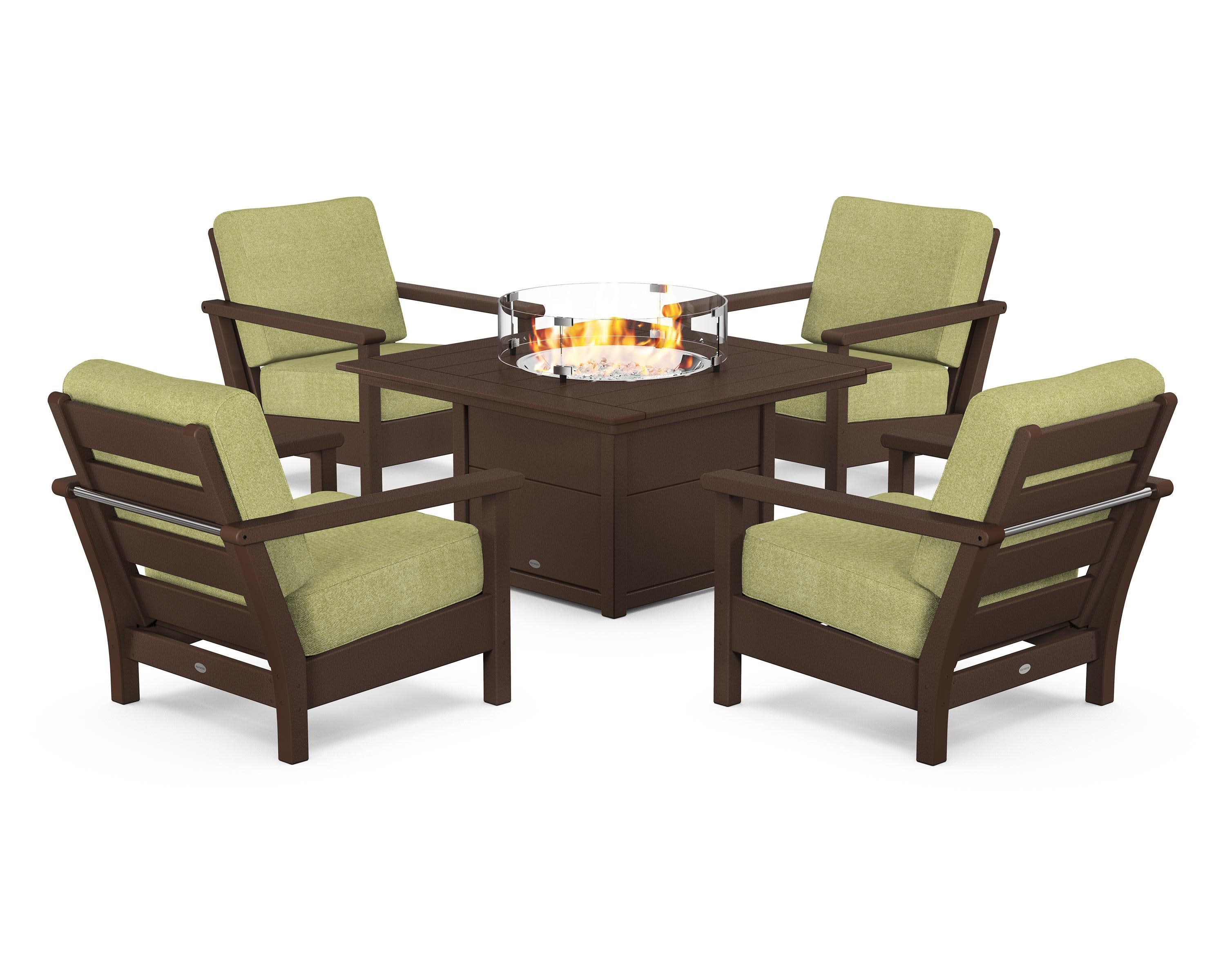 Harbour 5-Piece Conversation Set with Fire Pit Table in Mahogany / Chartreuse Boucle
