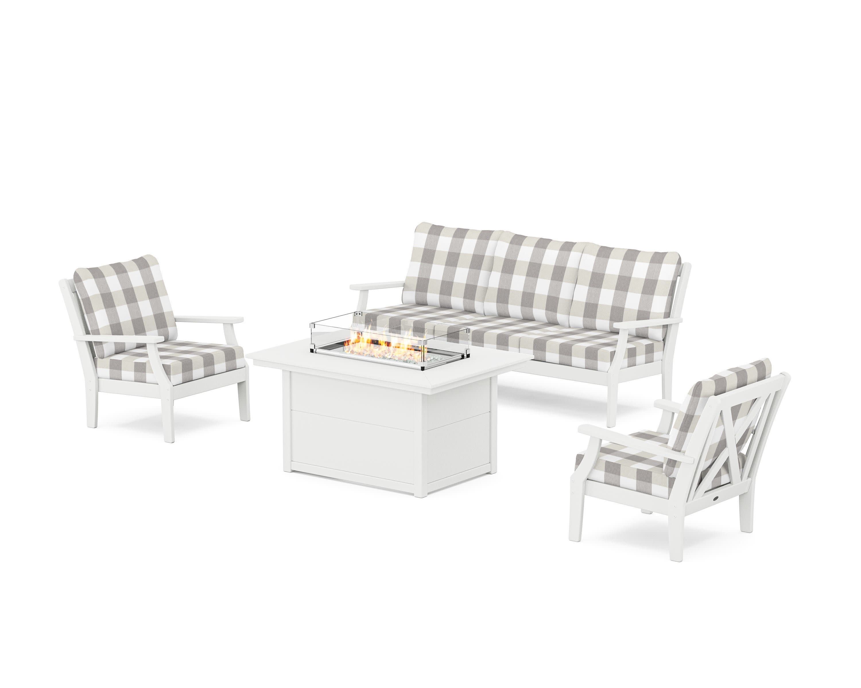 Braxton Deep Seating Fire Pit Table Set in White / Buffalo Plaid Grey Mist