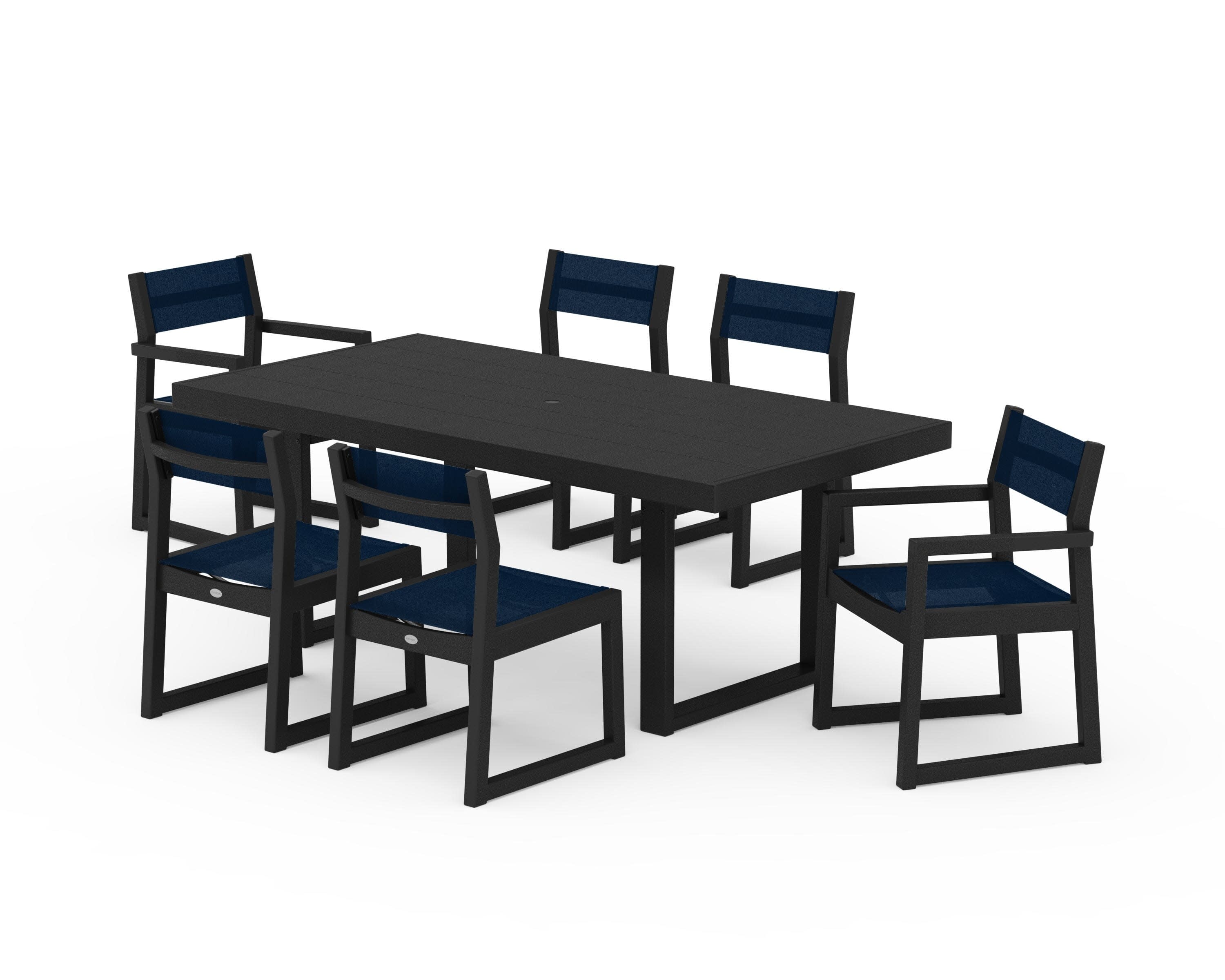 EDGE Sling 7-Piece Dining Set in Black / Navy Blue Sling