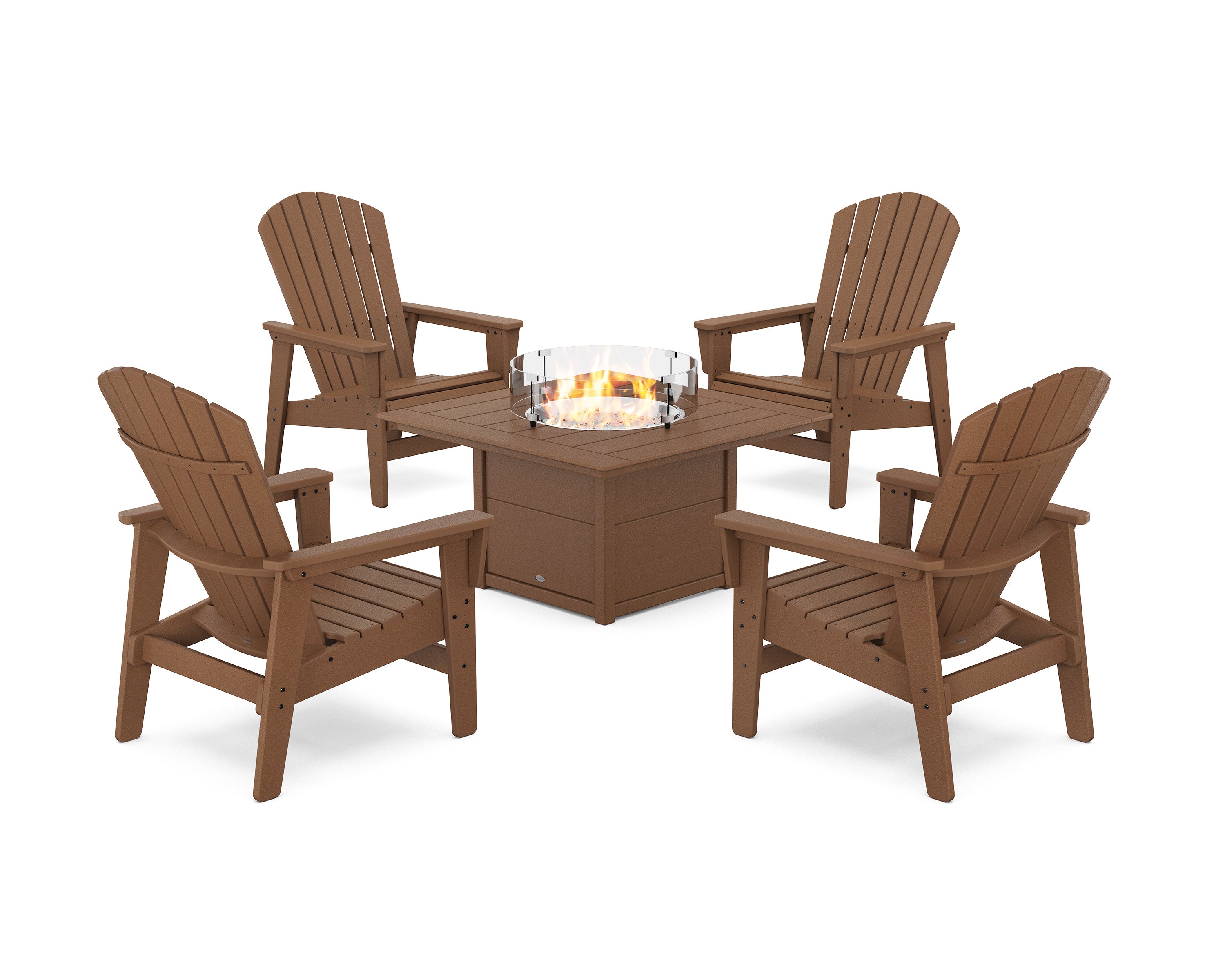 5-Piece Nautical Grand Upright Adirondack Conversation Set with Fire Pit Table in Teak