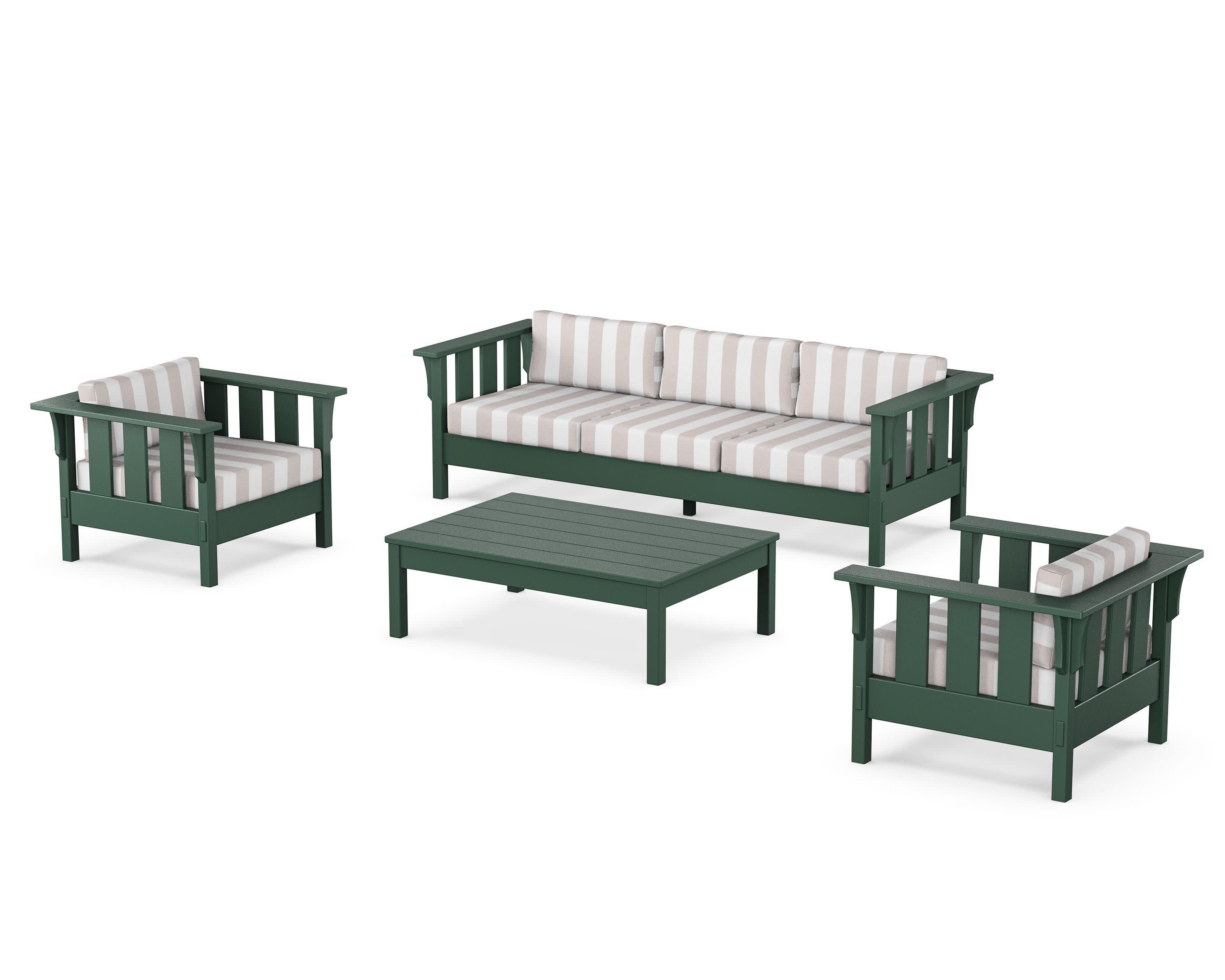 Acadia 4-Piece Deep Seating Set with Sofa in Green / Cabana Stripe Dune Burlap