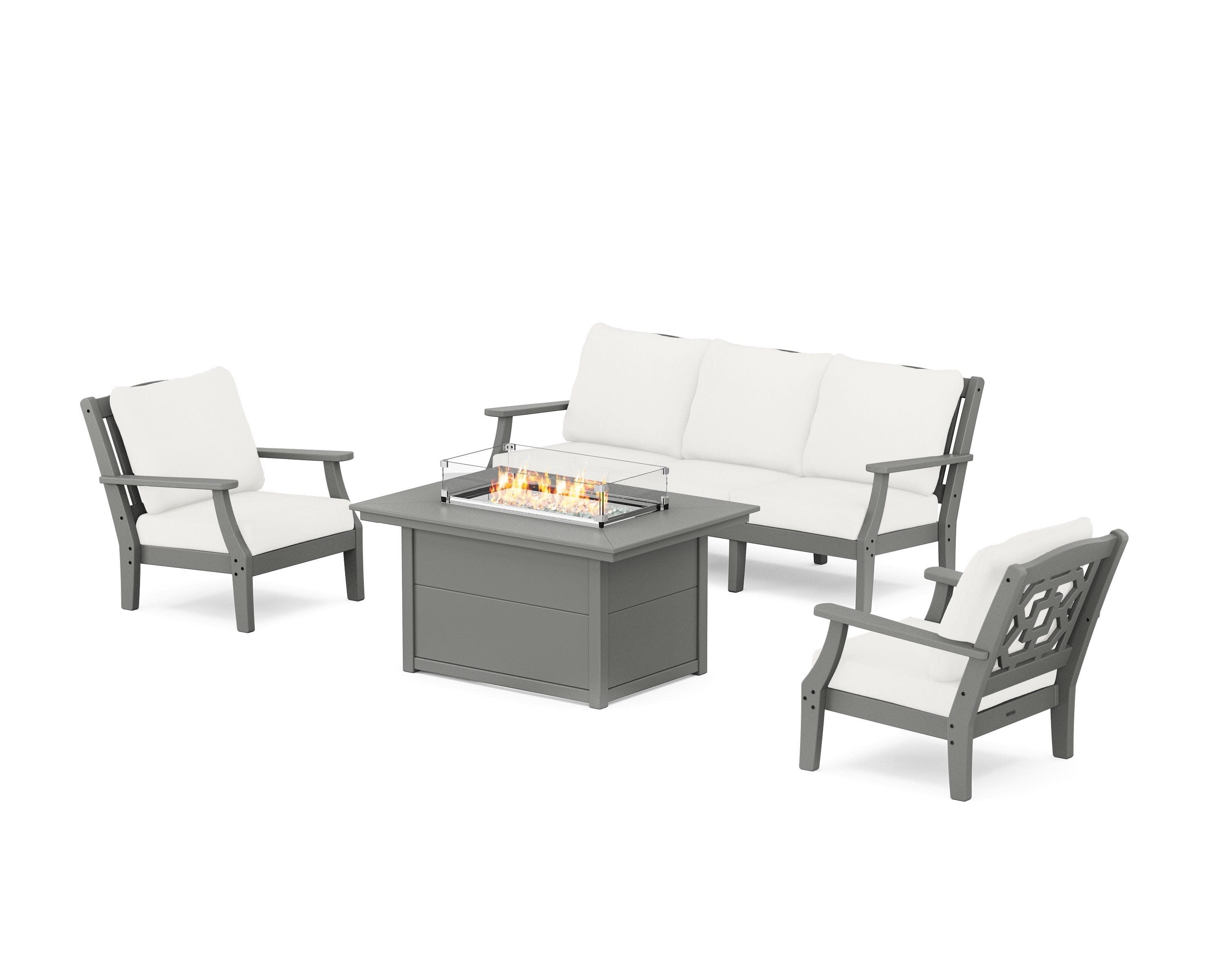 Chinoiserie Deep Seating Fire Pit Table Set in Slate Grey / Natural Linen