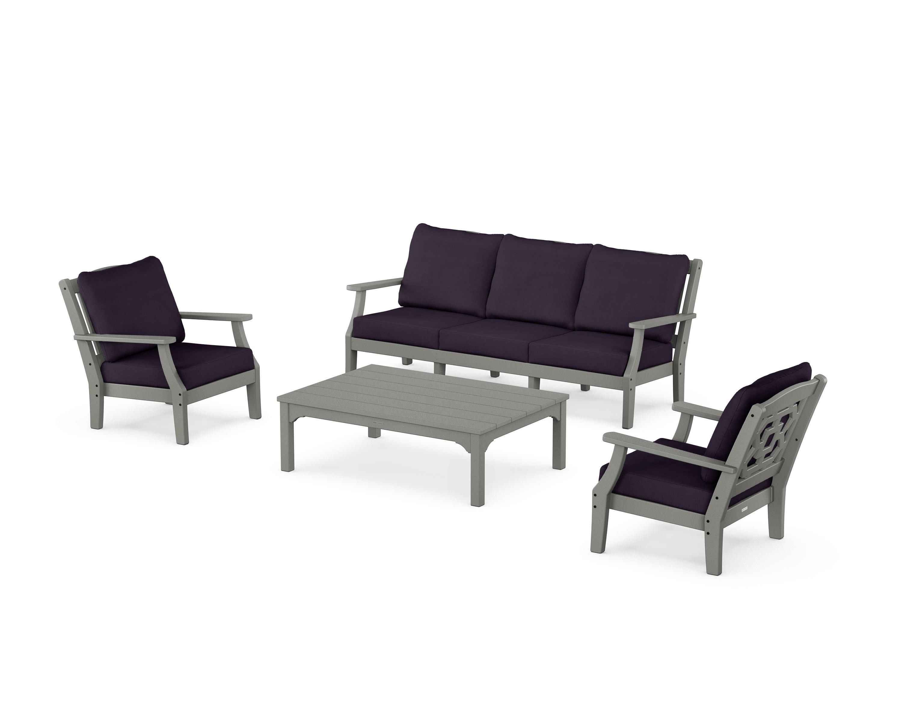 Chinoiserie 4-Piece Deep Seating Set with Sofa in Slate Grey / Navy Linen