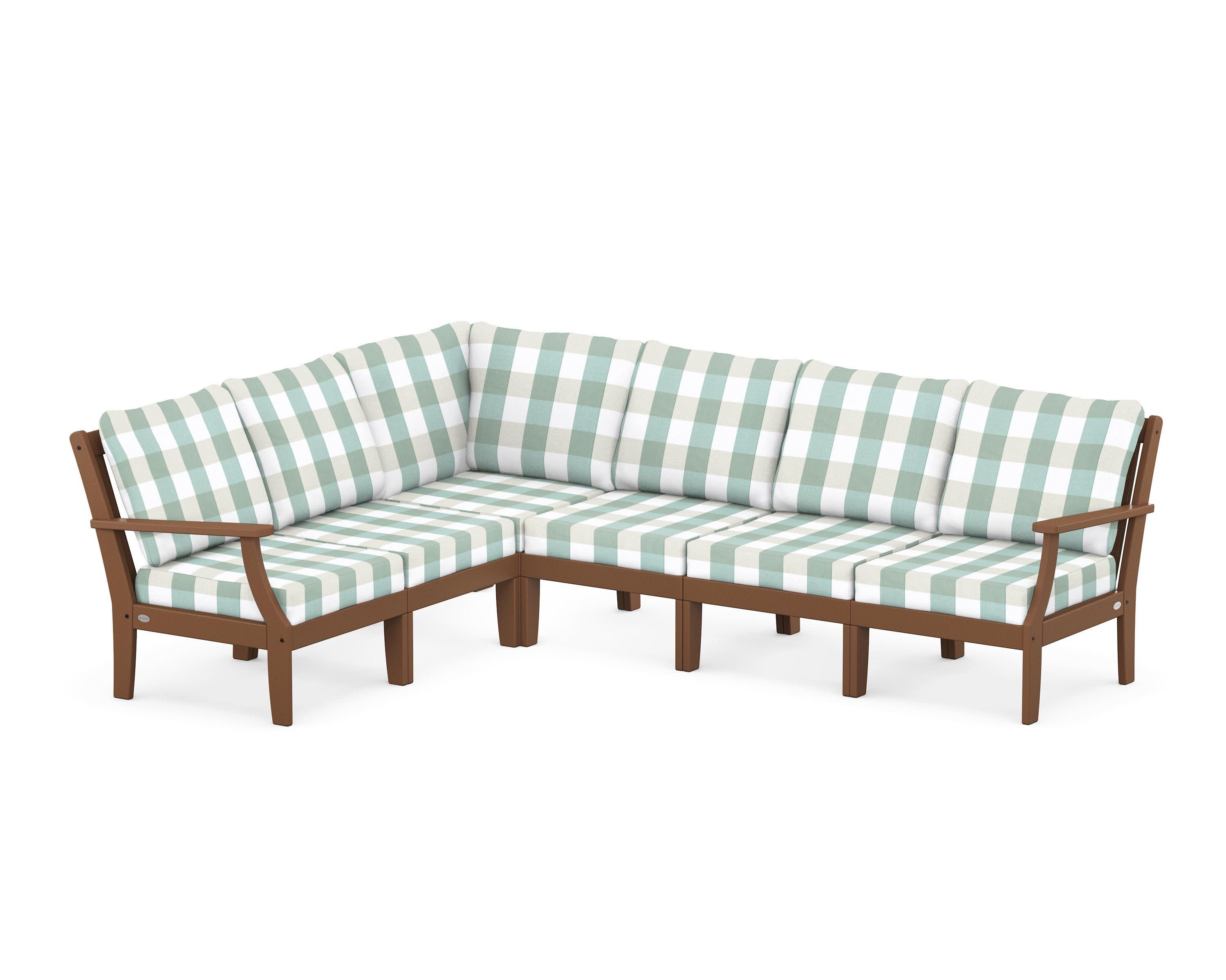 Braxton Modular 6-Piece Deep Seating Set in Teak / Buffalo Plaid Glacier Spa