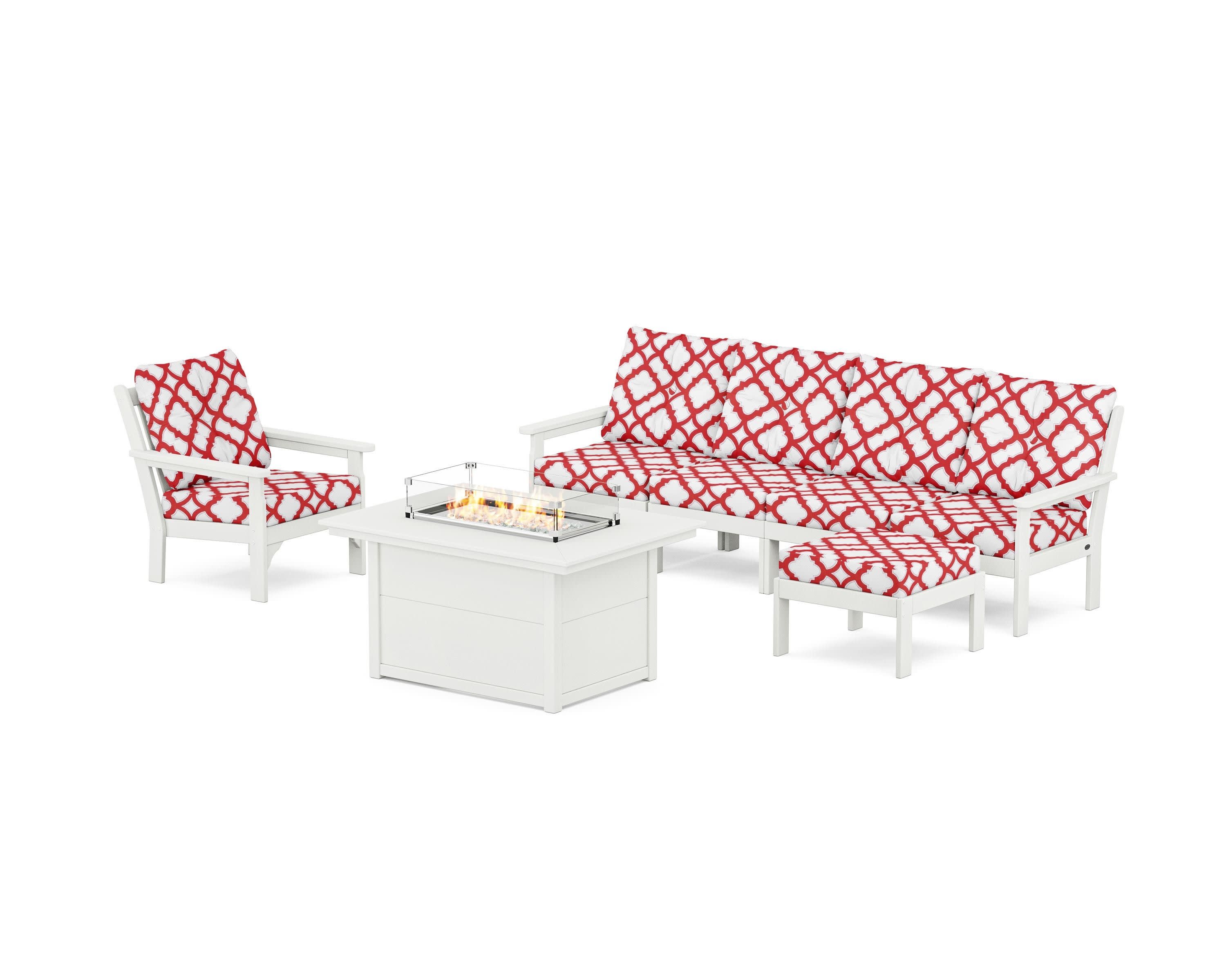 Vineyard Sectional Lounge and Fire Pit Set in Vintage White / Trellis Crimson