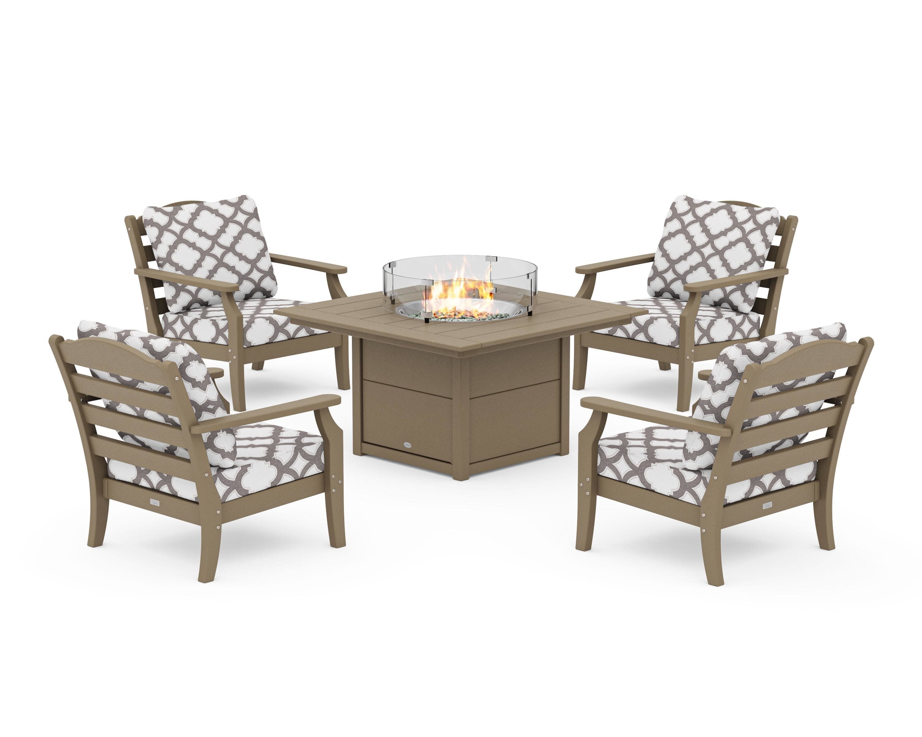 Savannah 5-Piece Deep Seating Set with Fire Pit Table in Vintage Sahara / Trellis Grey Mist