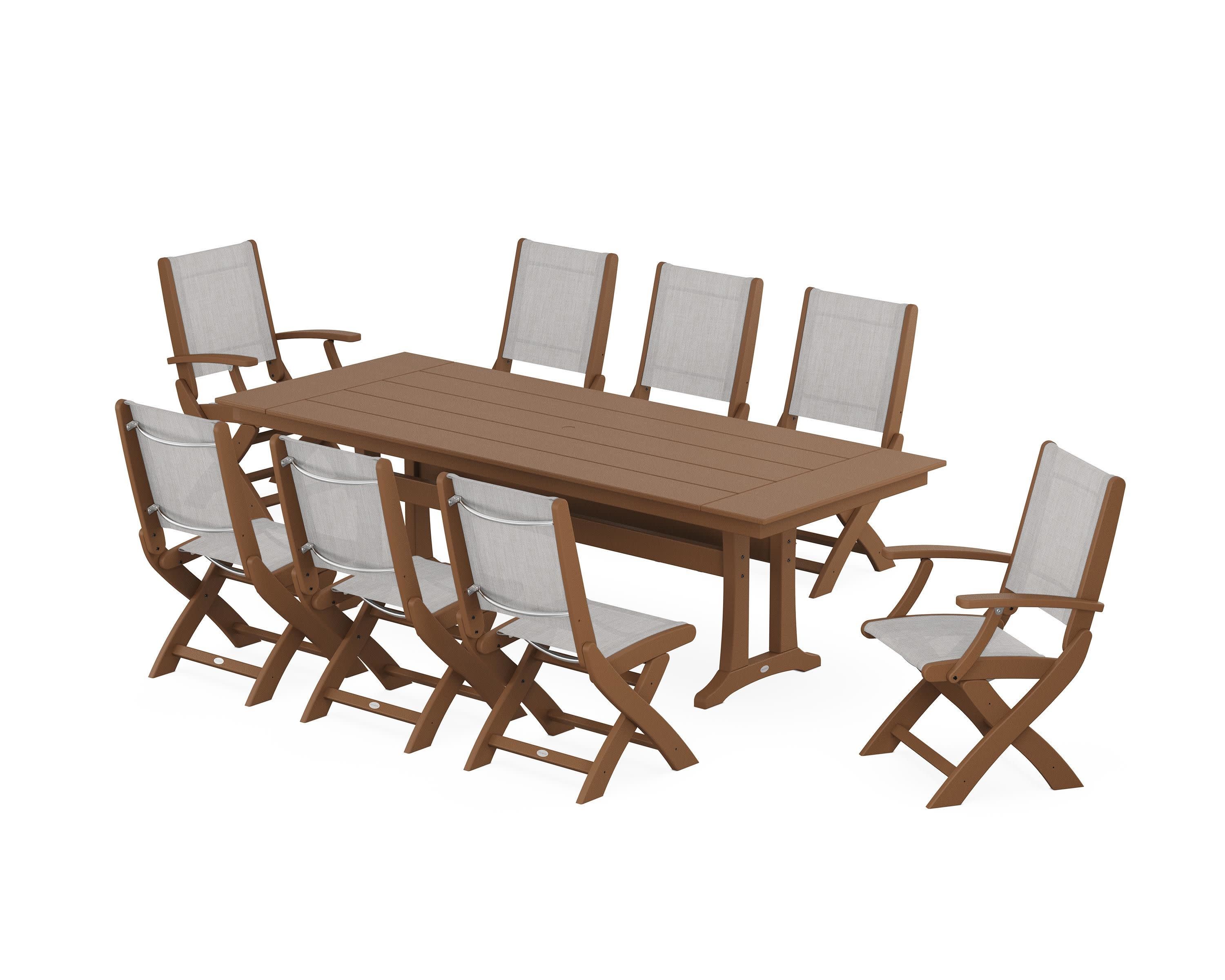 Coastal 9-Piece Folding Dining Chair Farmhouse Dining Set with Trestle Legs in Teak / Parchment Sling
